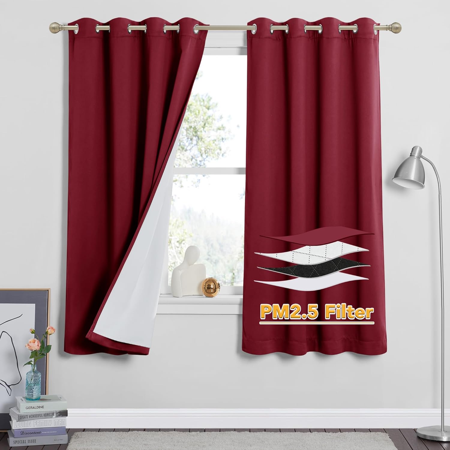 RYB HOME PM 2.5 Filter Curtains for Living Room, Noise Reduction Room Darkening Window Coverings Melt Blown Fabric Liner for Dust Sandstorms Smog Pollen Odor Filtering, Black, W52 x L84 inch, 2 Panels