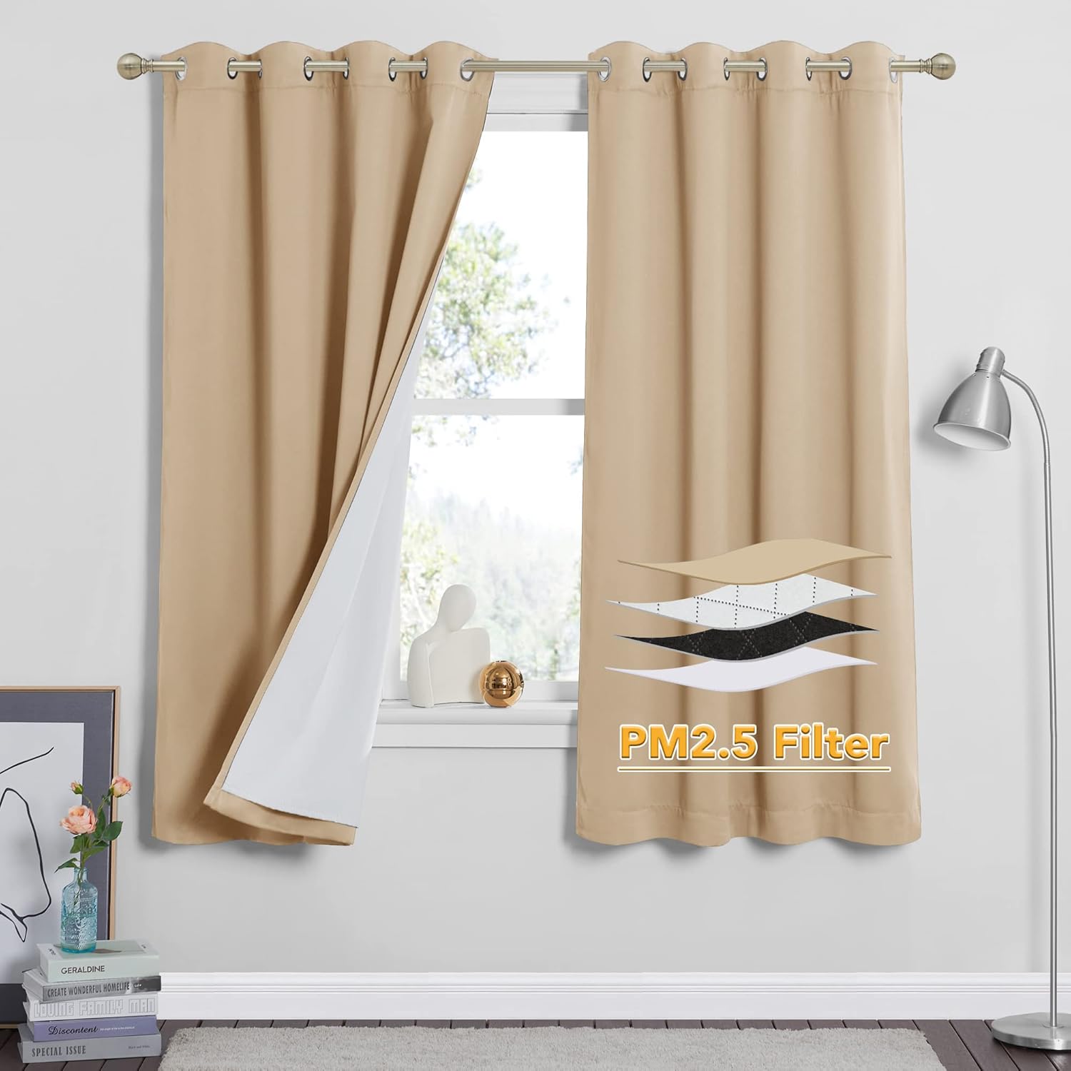 RYB HOME PM 2.5 Filter Curtains for Living Room, Noise Reduction Room Darkening Window Coverings Melt Blown Fabric Liner for Dust Sandstorms Smog Pollen Odor Filtering, Black, W52 x L84 inch, 2 Panels