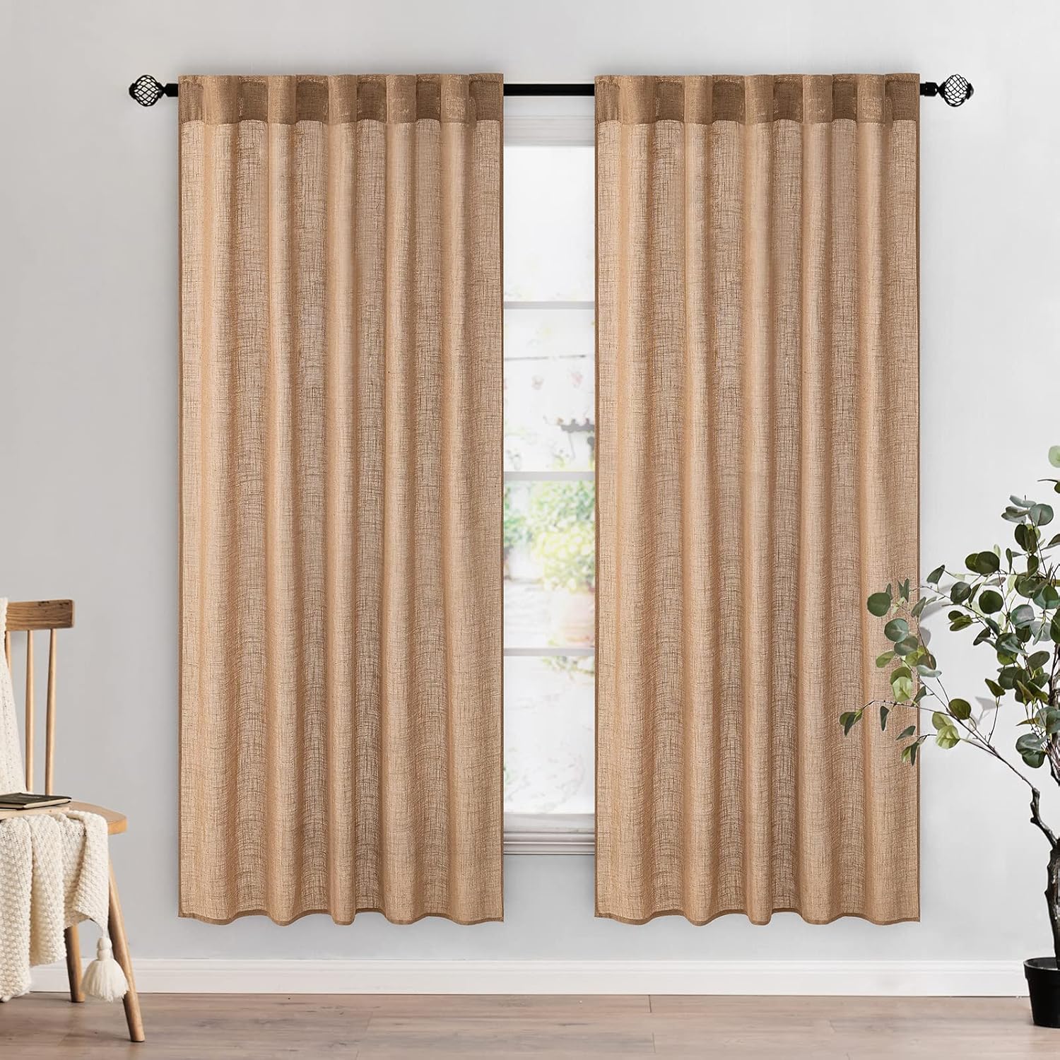 MIULEE Beige Linen Curtains 96 Inches Long 2 Panels for Bedroom Living Room, Soft Linen Textured Window Drapes Semi Sheer Light Filtering Back Tab Rod Pocket Farmhouse Modern Burlap Look Decor