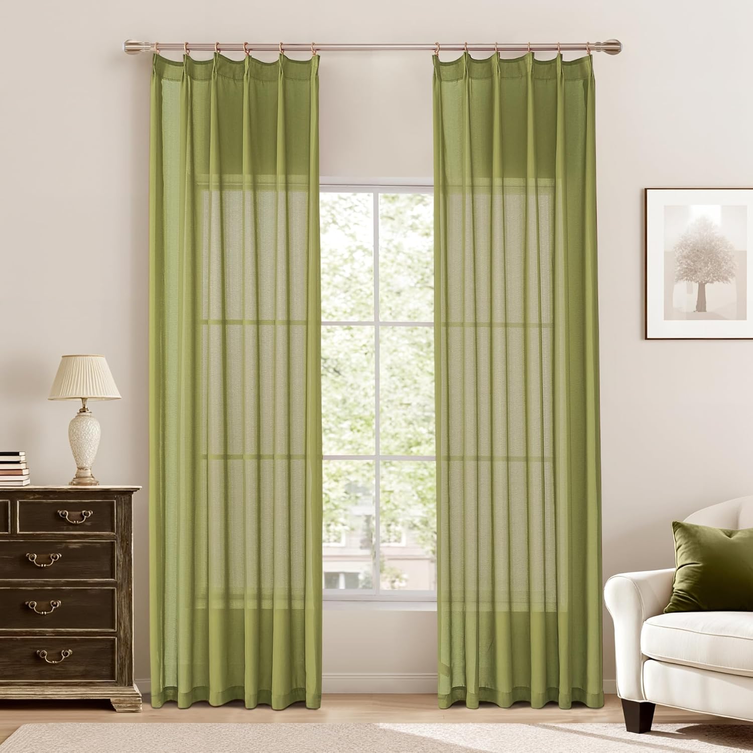 KangBang Pinch Pleat Sheer Curtains 112 Inches Long 2 Panels, Light Filtering Tree Branch Texture Soft Voile Drapes for Living Room Hotel Dorm, Gauzy and Breezy Window Panels, White,42x112 Inch