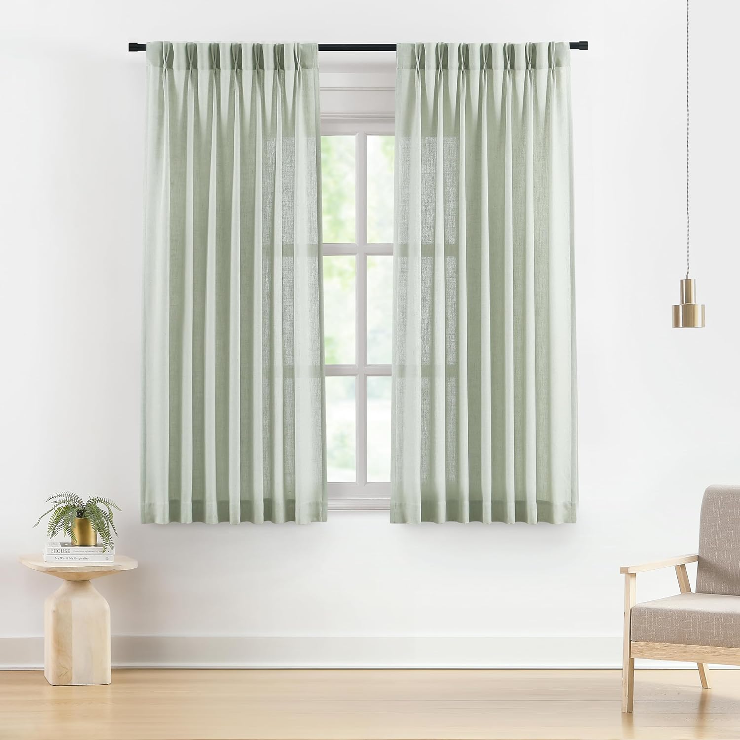 Vision Home Natural Pinch Pleated Semi Sheer Curtains Textured Linen Blended Light Filtering Window Curtains 90 inch for Living Room Bedroom Pinch Pleat Drapes with Hooks 2 Panels 42" Wx90 L