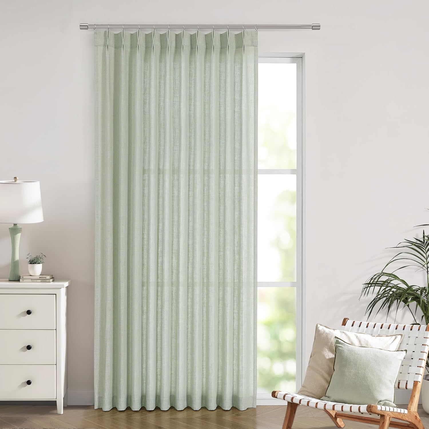 Vision Home Natural Pinch Pleated Semi Sheer Curtains Textured Linen Blended Light Filtering Window Curtains 90 inch for Living Room Bedroom Pinch Pleat Drapes with Hooks 2 Panels 42" Wx90 L