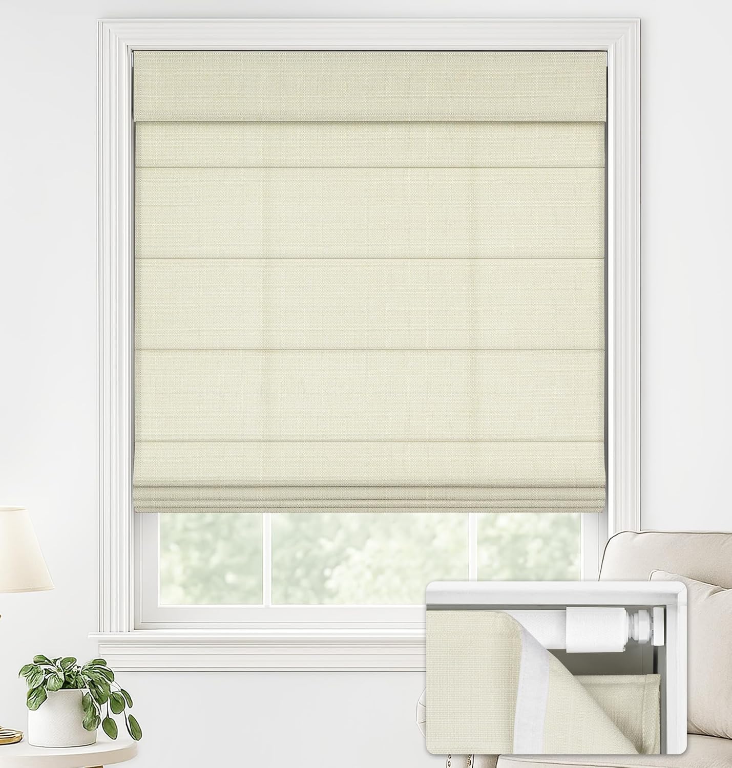 LazBlinds No Drill Roman Shades for Windows, Cordless Blackout Window Shades with UV Protection, Polyester Fabric for Bedroom & Living Room, 35" W x 64" H, Natural