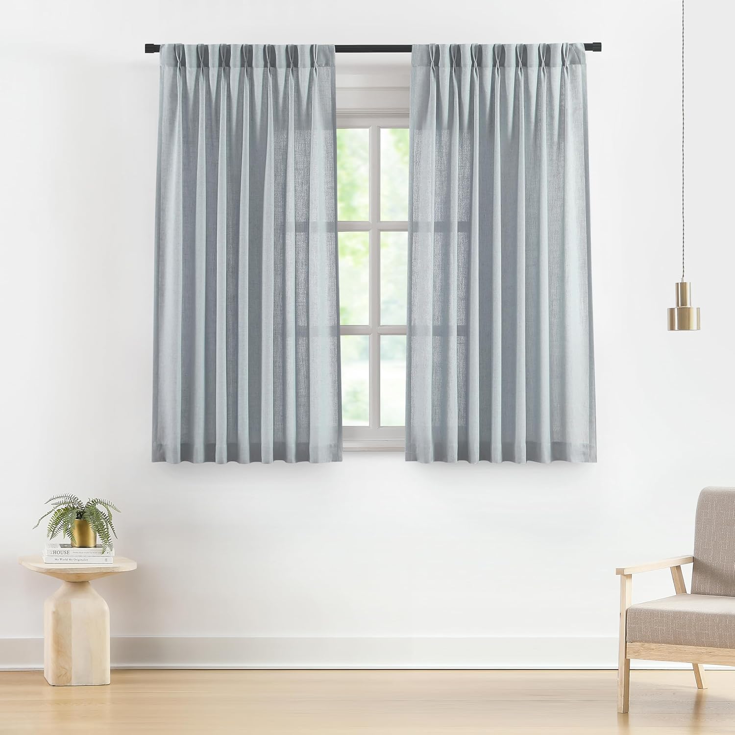 Vision Home Natural Pinch Pleated Semi Sheer Curtains Textured Linen Blended Light Filtering Window Curtains 90 inch for Living Room Bedroom Pinch Pleat Drapes with Hooks 2 Panels 42" Wx90 L