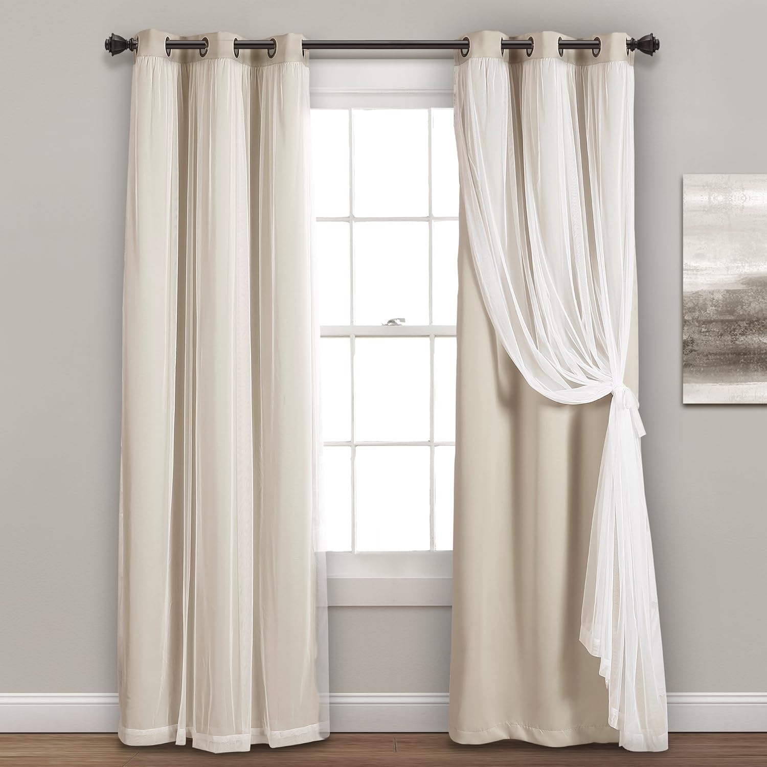 Lush Decor Sheer Grommet Curtains With Insulated Blackout Lining, Window Curtain Panels, Pair, 38"W x 120"L, Wheat - Curtain With Sheer Overlay, Elegant Blackout Curtains for Bedroom