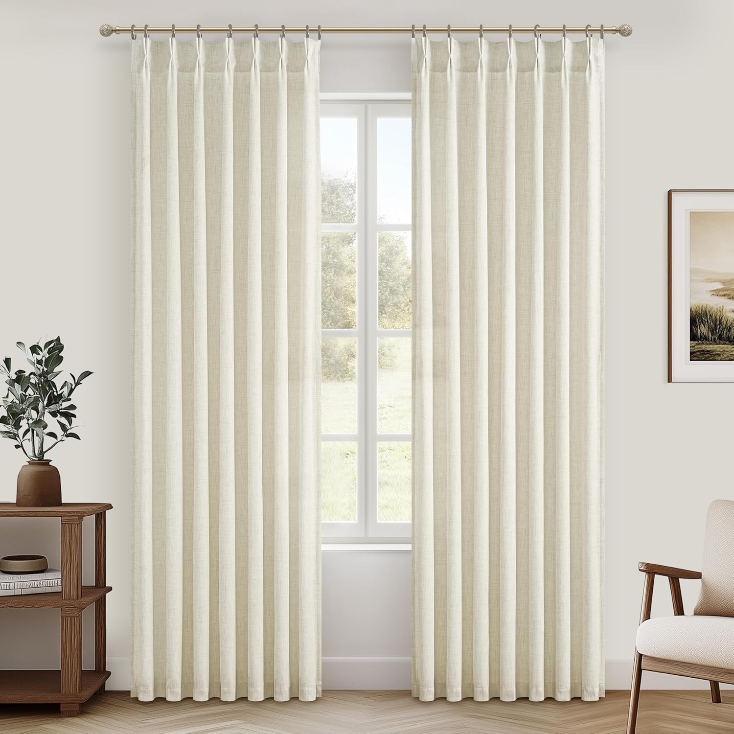 Pinch Pleated Linen Curtains 96 Inches Long for Living Room Bedroom, Light Filtering Boho Window Drape 96 inch 2 Panels Burgs with Hooks&Rings 8ft Cream Birch Sliding Glass Door Sheer Curtain Decor