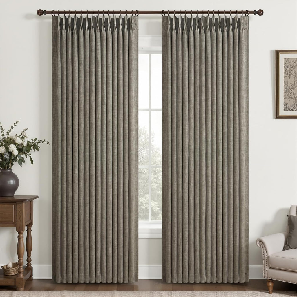Beige White Blackout Floor to Ceiling Curtains 100 Inch Long for Sliding Door, Memory Trained Pinch Pleated Custom Double Layer Thick Linen Curtain Noise Reducing Light Blocking Bedroom Window Drapes