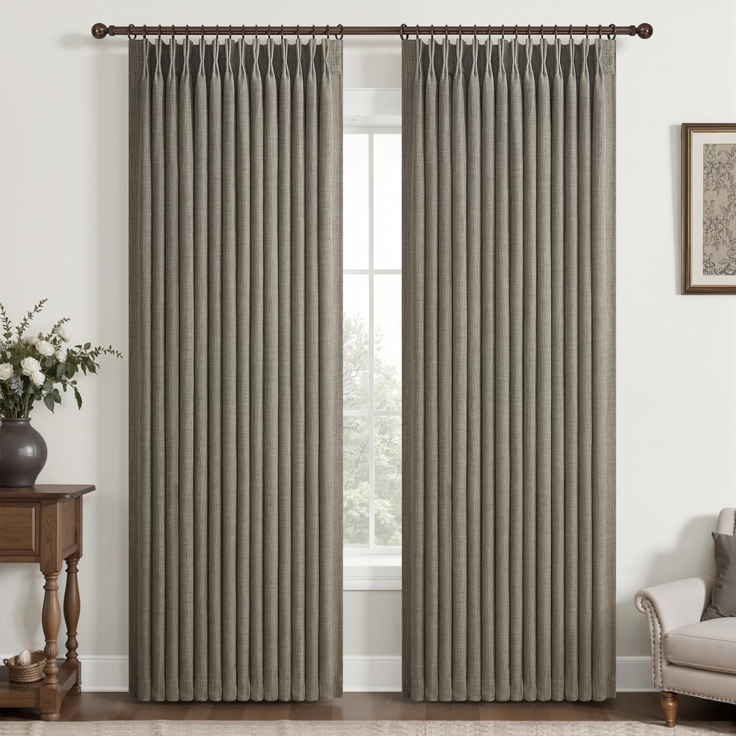 Beige White Blackout Floor to Ceiling Curtains 100 Inch Long for Sliding Door, Memory Trained Pinch Pleated Custom Double Layer Thick Linen Curtain Noise Reducing Light Blocking Bedroom Window Drapes