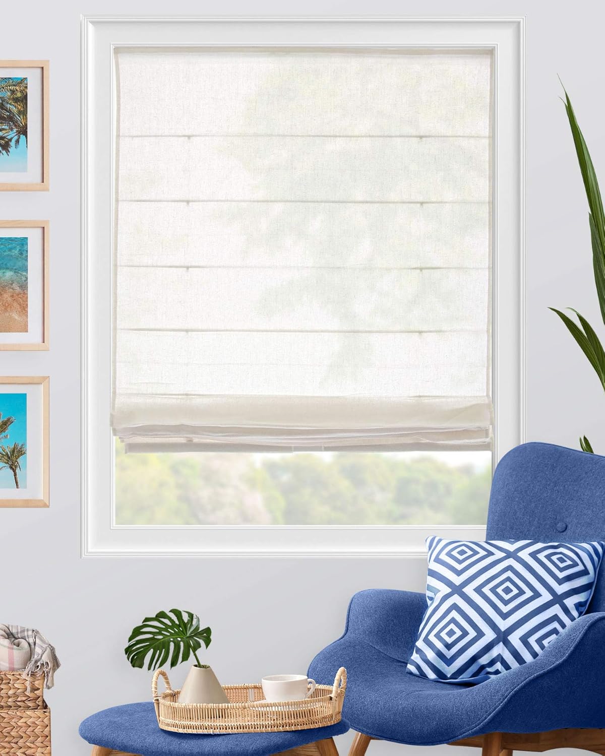 CHICOLOGY - RMBF3564 Cordless Roman Shades Cross-Hatched Modern Fabric Cascade Window Blind Treatment, 35"W X 64"H, Belgian Flax (Privacy & Light Filtering)
