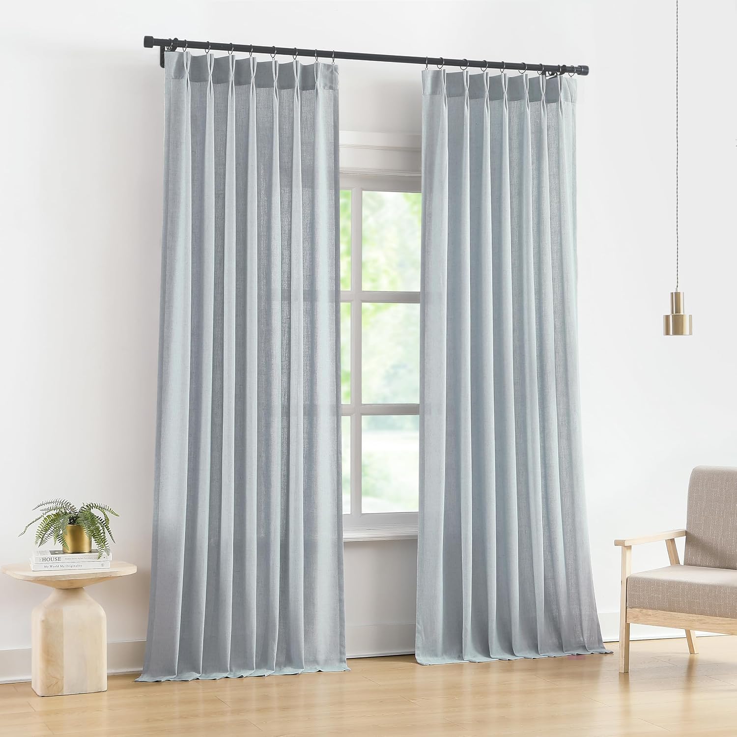 Vision Home Natural Pinch Pleated Semi Sheer Curtains Textured Linen Blended Light Filtering Window Curtains 90 inch for Living Room Bedroom Pinch Pleat Drapes with Hooks 2 Panels 42" Wx90 L