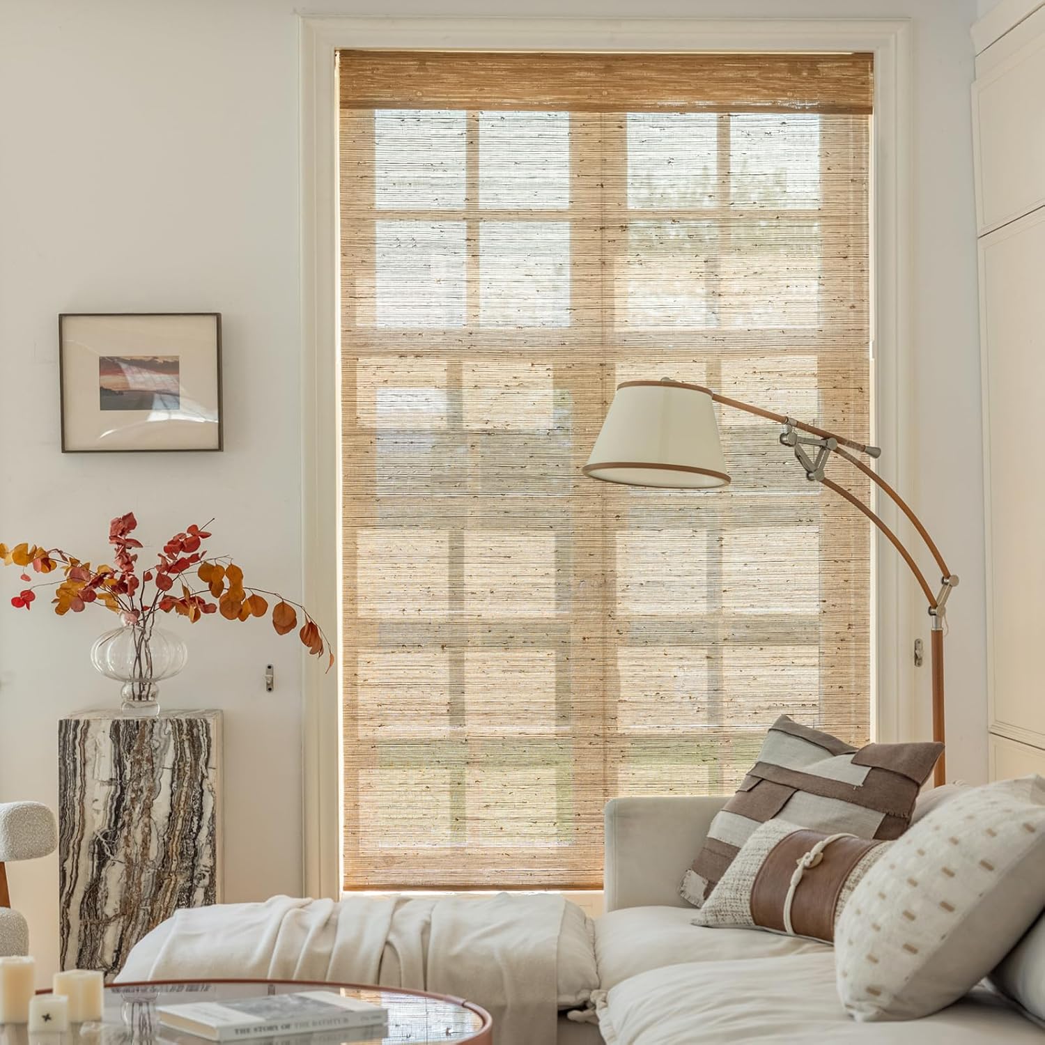 DEJAVU Cordless Bamboo Roman Shades, Blackout Light Filtering Blinds for Indoor Windows, Natural Woven Shades With Valance for Patio, Doors, Easy to Install, Pecan Color