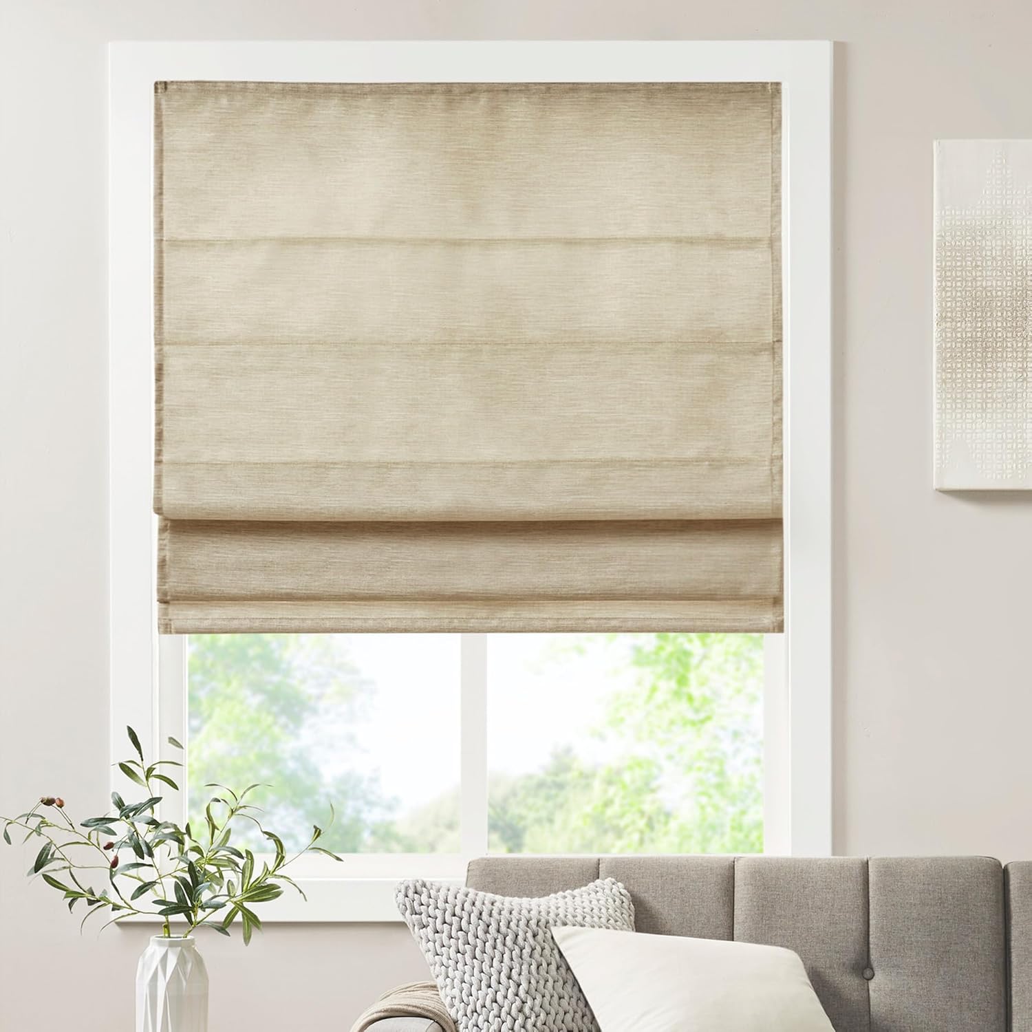 Madison Park Kyler Cordless Roman Shades - Single Panel, Lightweight Linen Blend Fabric, Natural Design, Easy Installation, Light Filtering Window Blind, Bedroom, Living Room Decor 27"W x 64"H Natural
