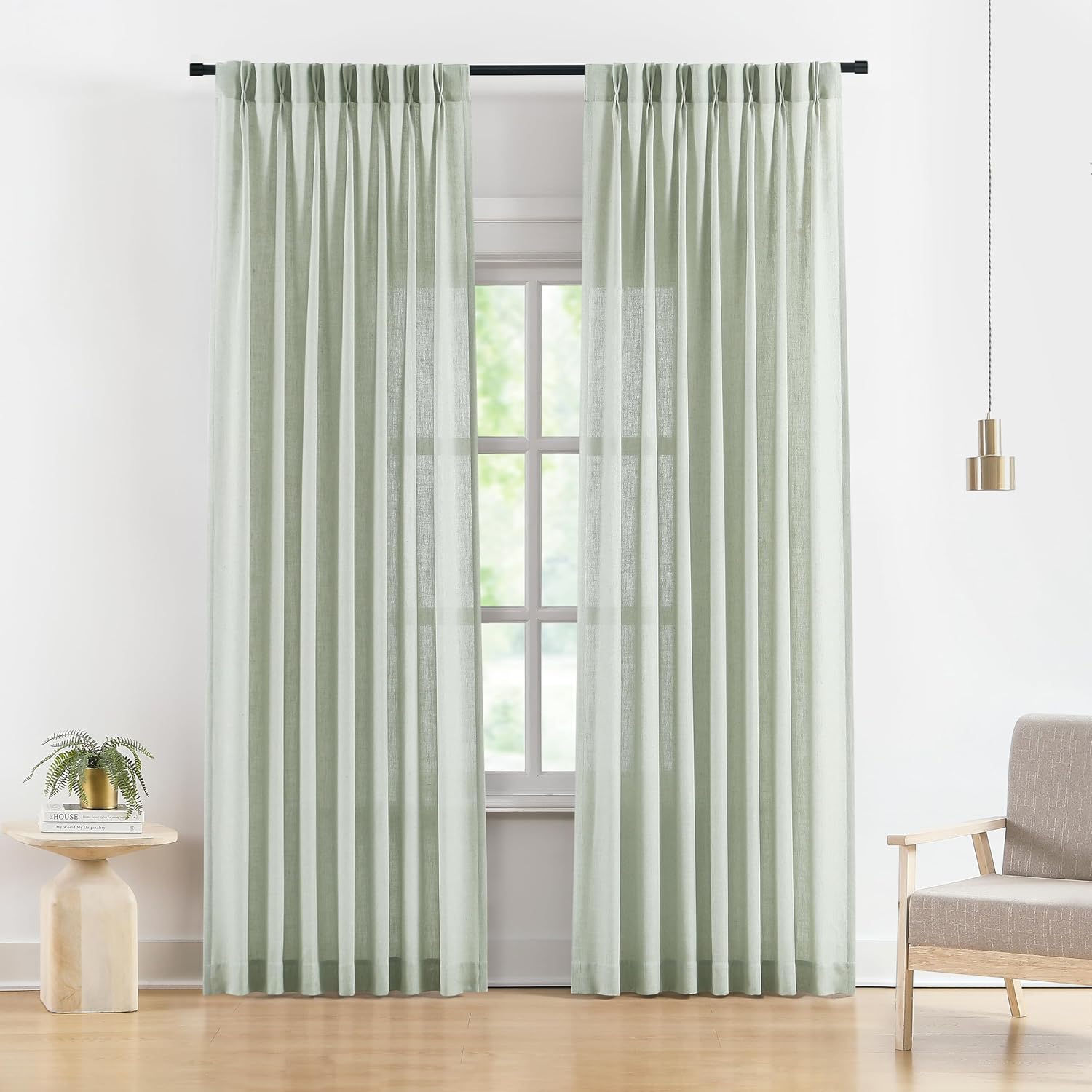 Vision Home Natural Pinch Pleated Semi Sheer Curtains Textured Linen Blended Light Filtering Window Curtains 90 inch for Living Room Bedroom Pinch Pleat Drapes with Hooks 2 Panels 42" Wx90 L