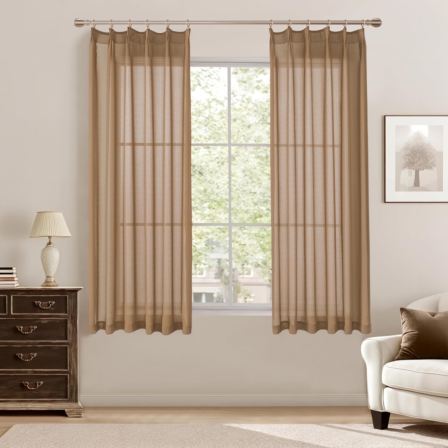 KangBang Pinch Pleat Sheer Curtains 112 Inches Long 2 Panels, Light Filtering Tree Branch Texture Soft Voile Drapes for Living Room Hotel Dorm, Gauzy and Breezy Window Panels, White,42x112 Inch