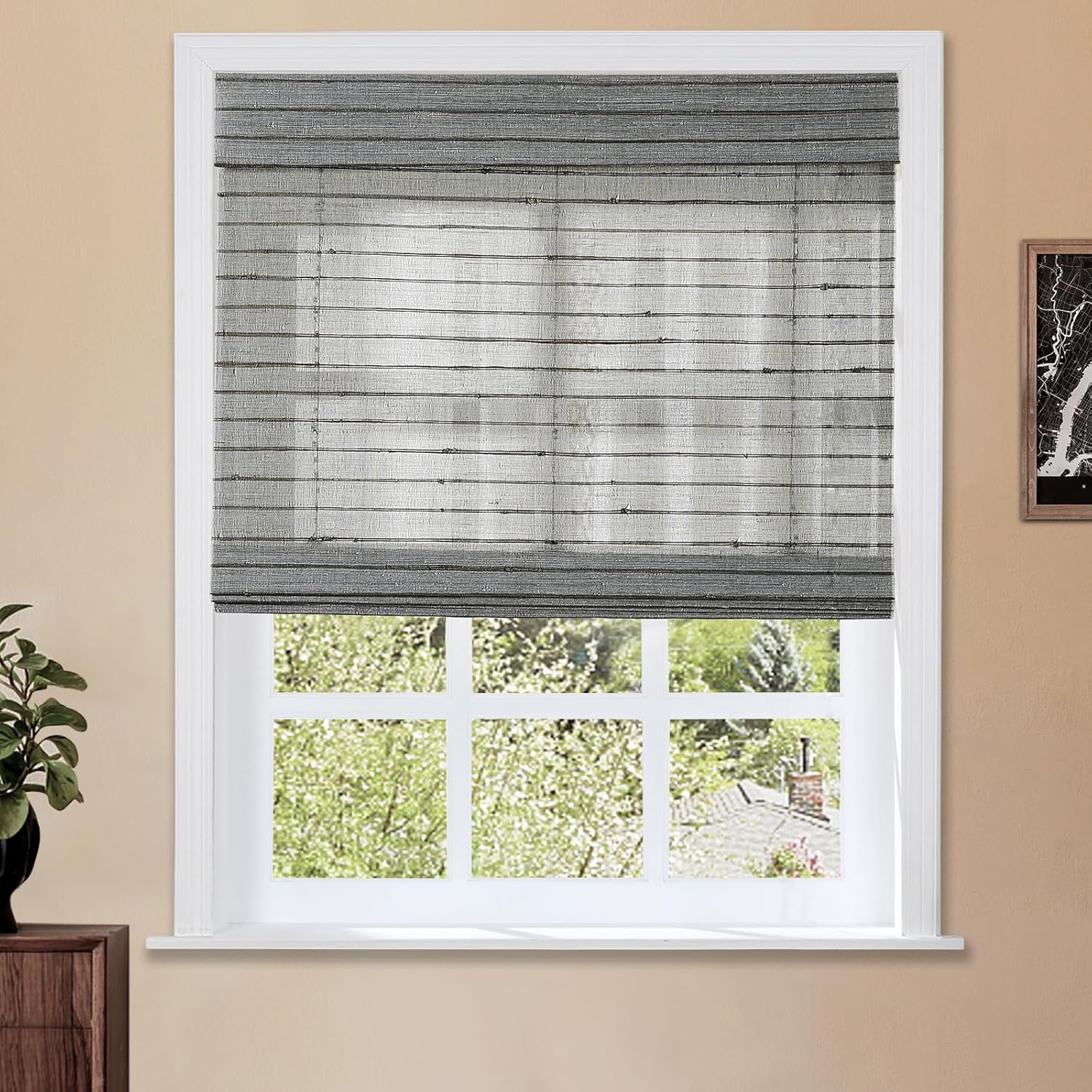 TWOPAGES Natural Cordless Ramie Roman Shade No Drill Customized Roman Blind Light Filtering Blackout Roman Window Shade for Windows, Beige, 1 Piece