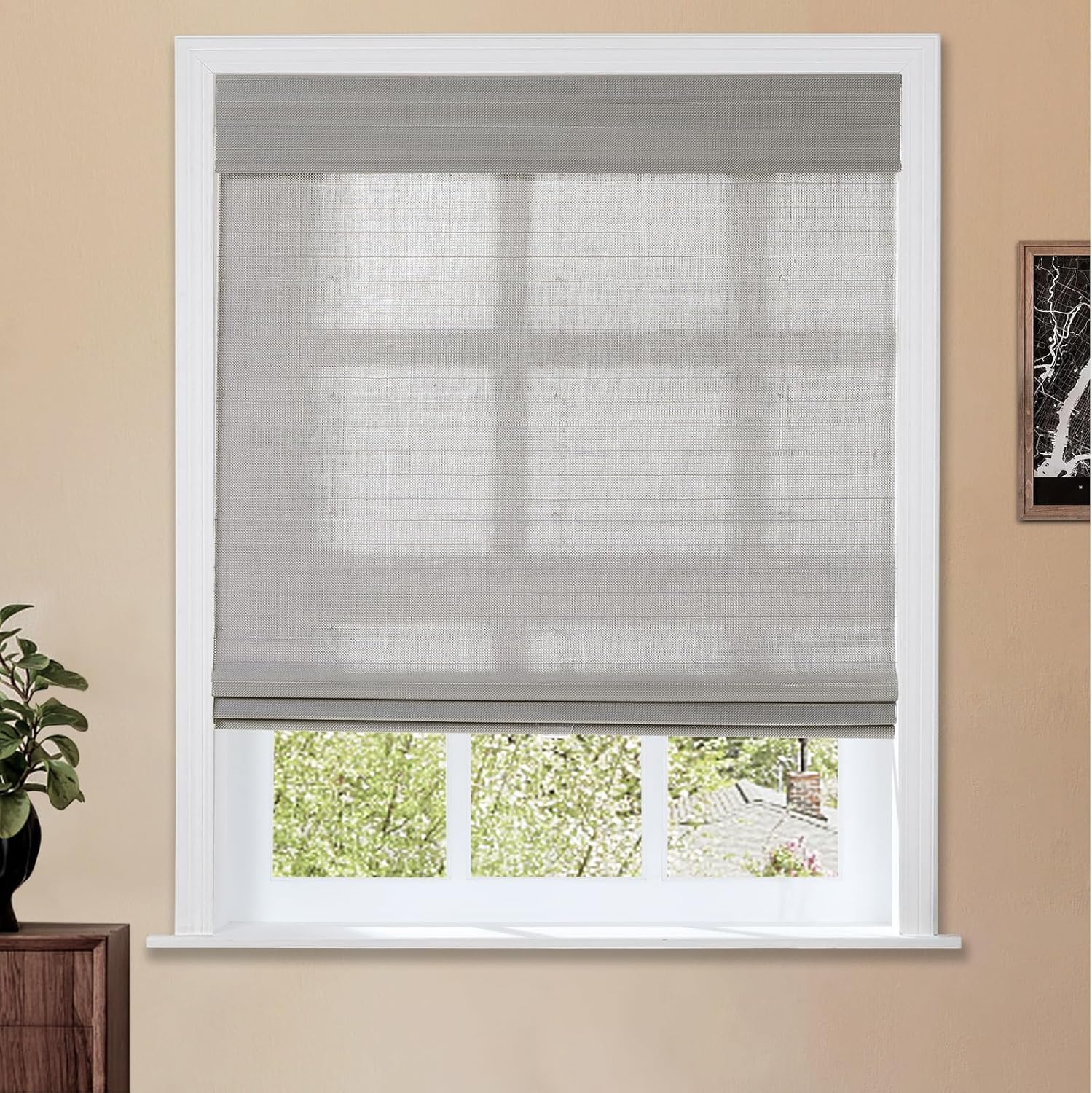 TWOPAGES Natural Cordless Ramie Roman Shade No Drill Customized Roman Blind Light Filtering Blackout Roman Window Shade for Windows, Beige, 1 Piece