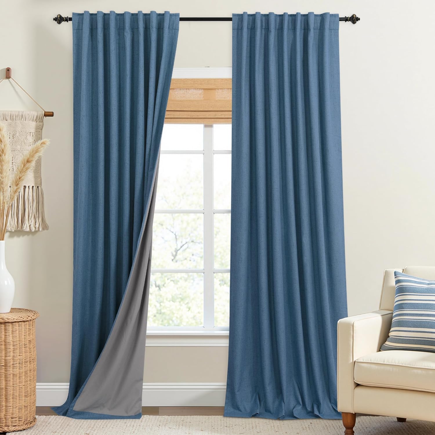 Extra Wide Soundproof Blackout Curtains with Pleated Back Tab Rod Pocket,96 Inch Long 2 Panel Set Thermal Curtain for Winter Insulated to Keep Cold Out Noise Reducing Curtains for Living Room Bedroom