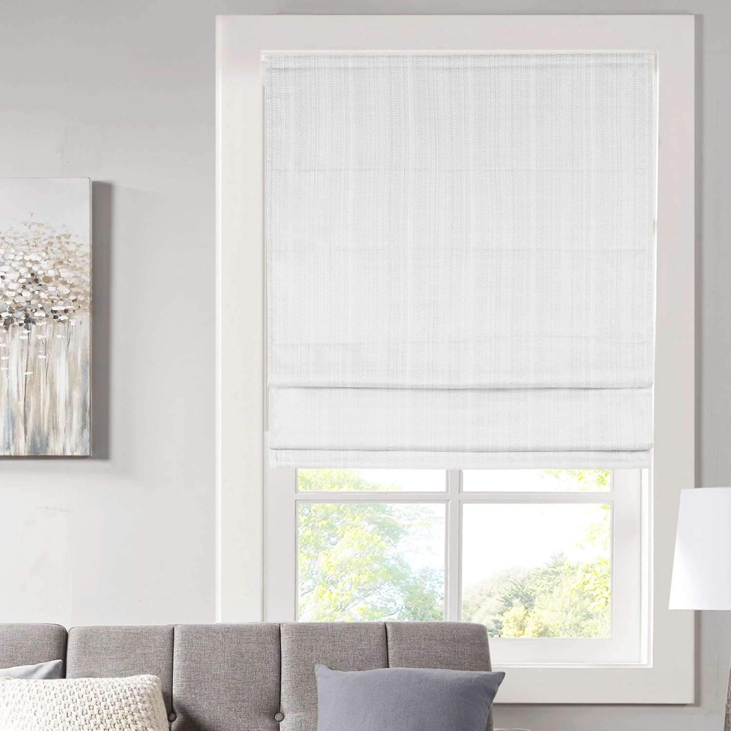 Madison Park Galen Cordless Roman Shade, 31"W x 64"H, Sheen Ivory – Room Darkening, Thermal Insulated, Energy Efficient Window Blind with Subtle Sheen Basketweave Fabric for Privacy