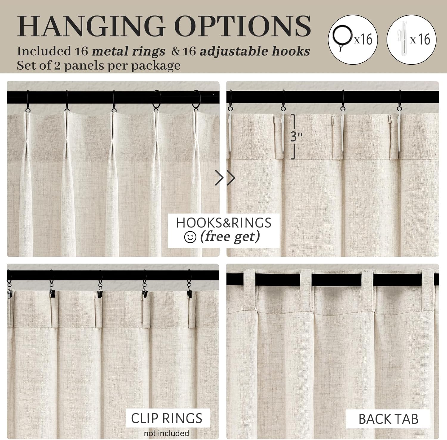 Pinch Pleated Linen Curtains 96 Inches Long for Living Room Bedroom, Light Filtering Boho Window Drape 96 inch 2 Panels Burgs with Hooks&Rings 8ft Cream Birch Sliding Glass Door Sheer Curtain Decor