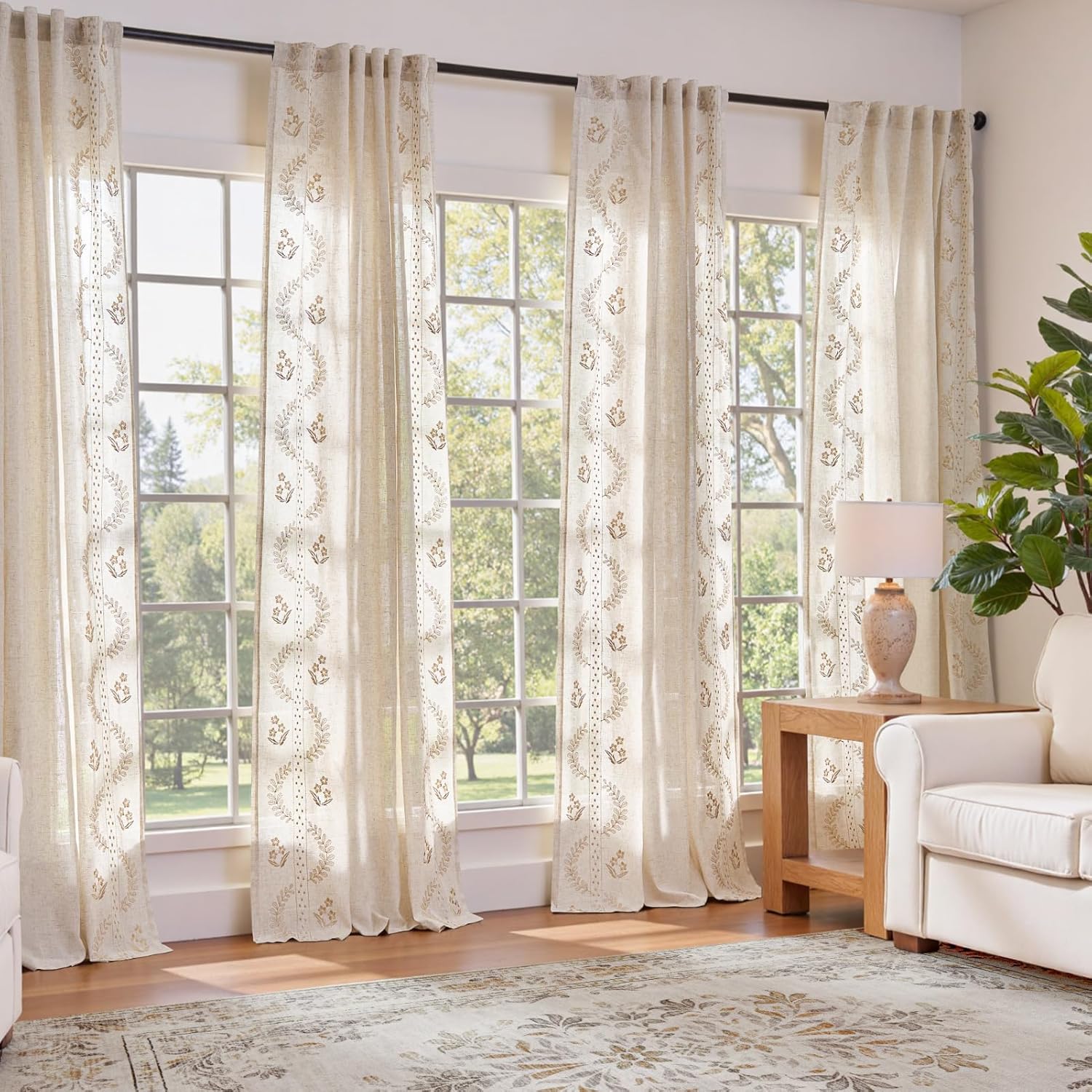 jinchan Belrose Linen Sheer Curtains for Living Room 84 Inch Length Sheer Voile Embroidered Floral Curtains for Bedroom Light Filtering Rod Pocket Window Treatments Farmhouse Decor 2 Panels Beige