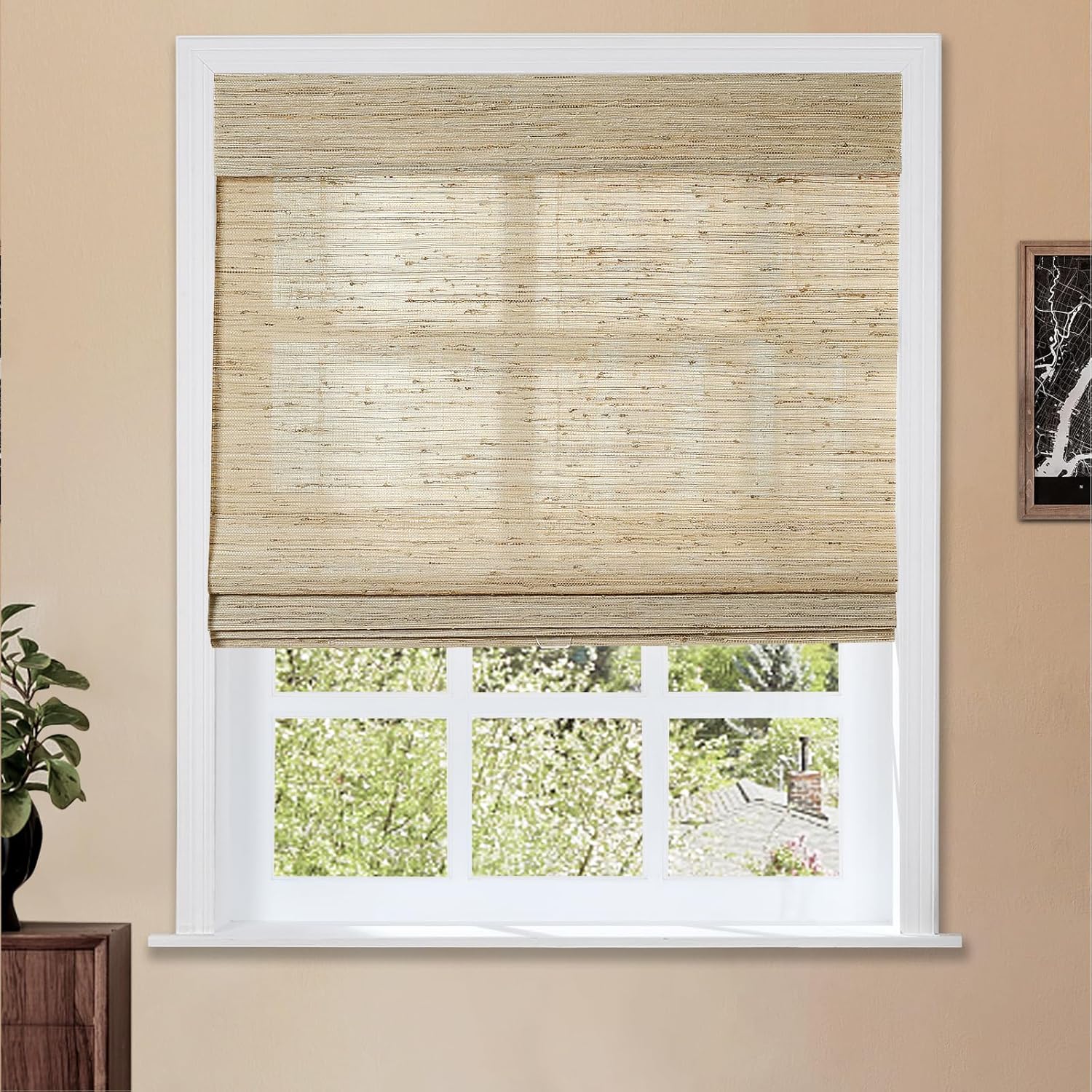 TWOPAGES Natural Cordless Ramie Roman Shade No Drill Customized Roman Blind Light Filtering Blackout Roman Window Shade for Windows, Beige, 1 Piece