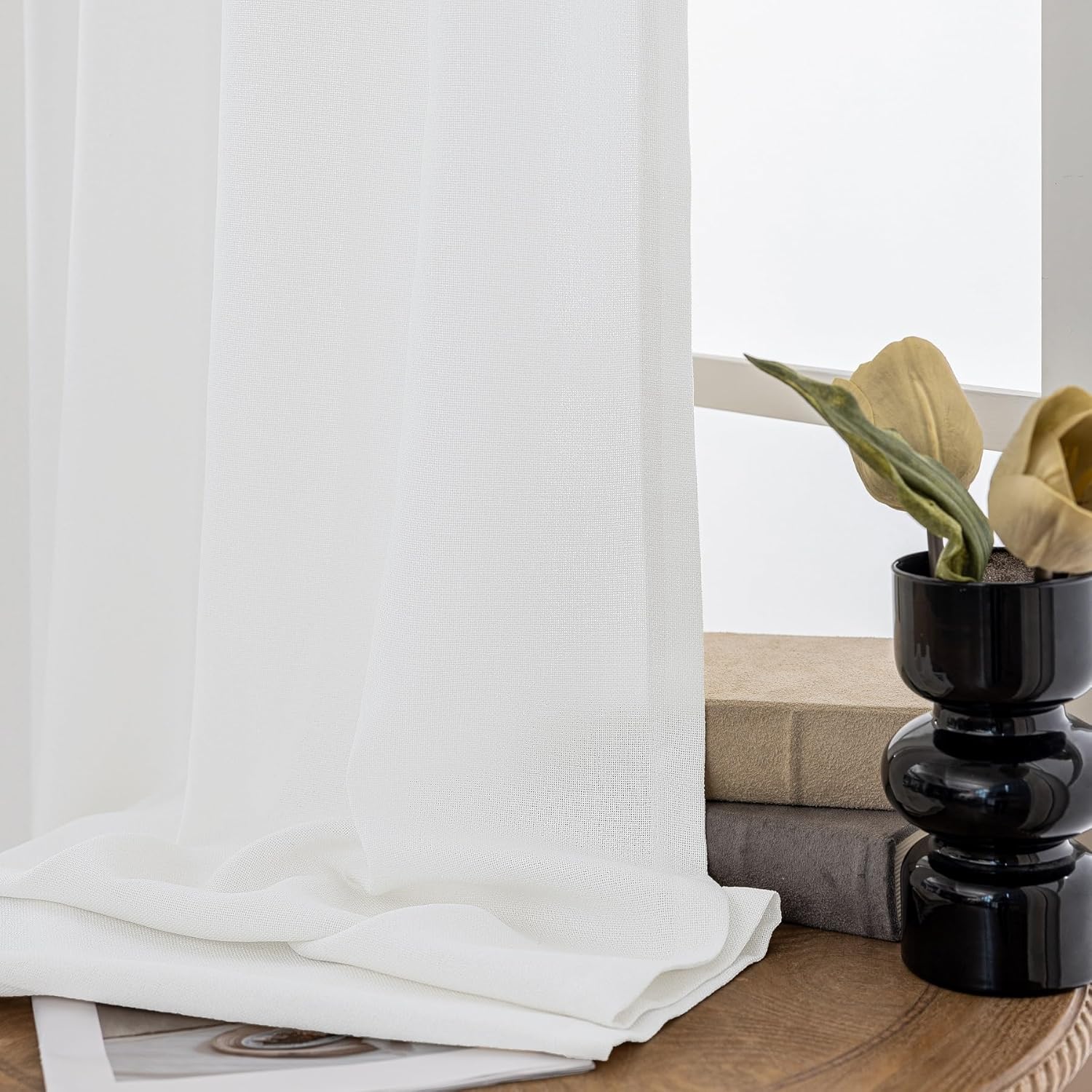 Ftinala Neutral Linen Semi Sheer Curtains 108 Inches Long, Cream Light Filtering Sliding Glass Door Curtains & Drapes, Modern Farmhouse Window Panel, Pinch Pleat Floor to Ceiling Curtain with Hook