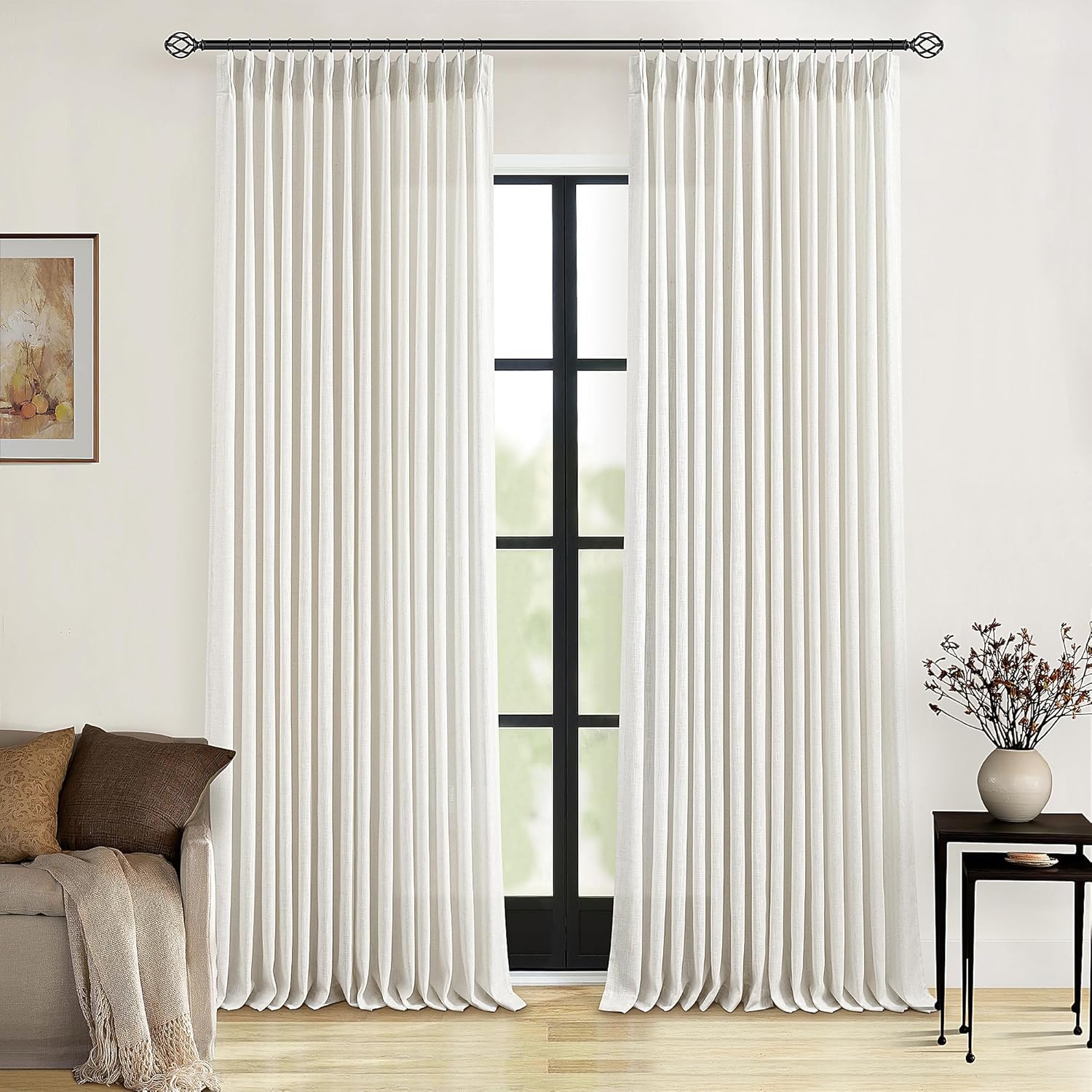 Natural Pinch Pleated Linen Curtains 84 Inch Length 2 Panels for Living Room Bedroom Textured Cream Ivory Birch Semi Sheer Boho Neutral Back Tab Pinch Pleat Hooks Rings Window Curtain 84 Inches Long