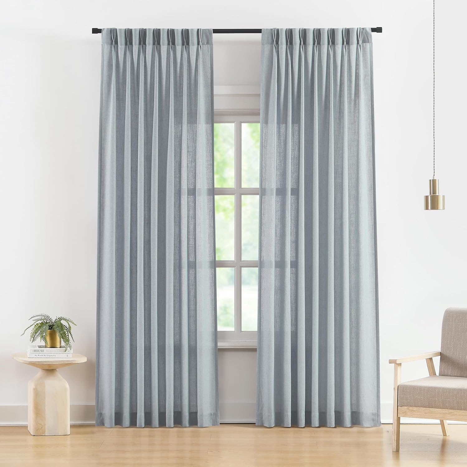 Vision Home Natural Pinch Pleated Semi Sheer Curtains Textured Linen Blended Light Filtering Window Curtains 90 inch for Living Room Bedroom Pinch Pleat Drapes with Hooks 2 Panels 42" Wx90 L