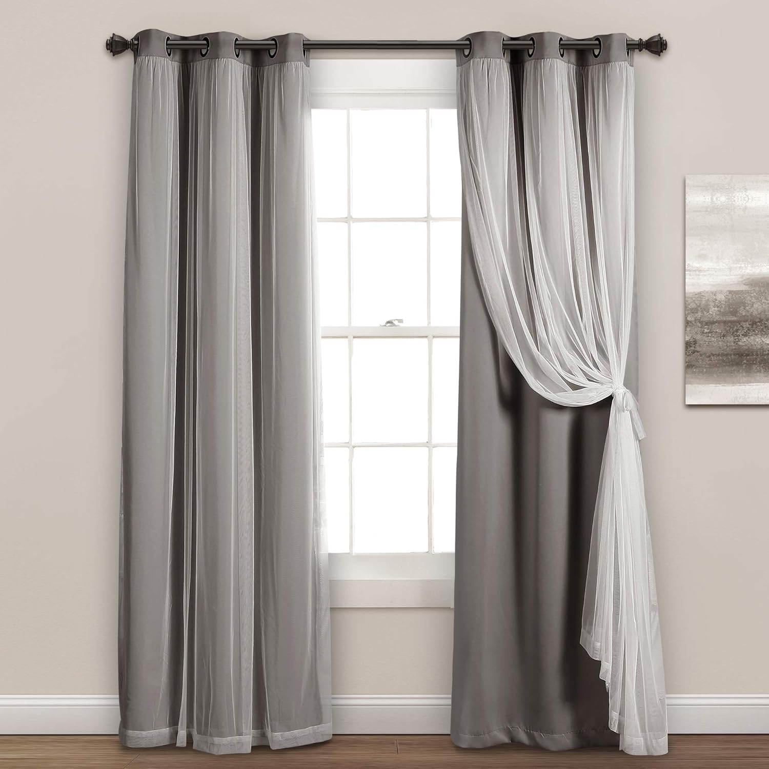 Lush Decor Sheer Grommet Curtains With Insulated Blackout Lining, Window Curtain Panels, Pair, 38"W x 120"L, Wheat - Curtain With Sheer Overlay, Elegant Blackout Curtains for Bedroom