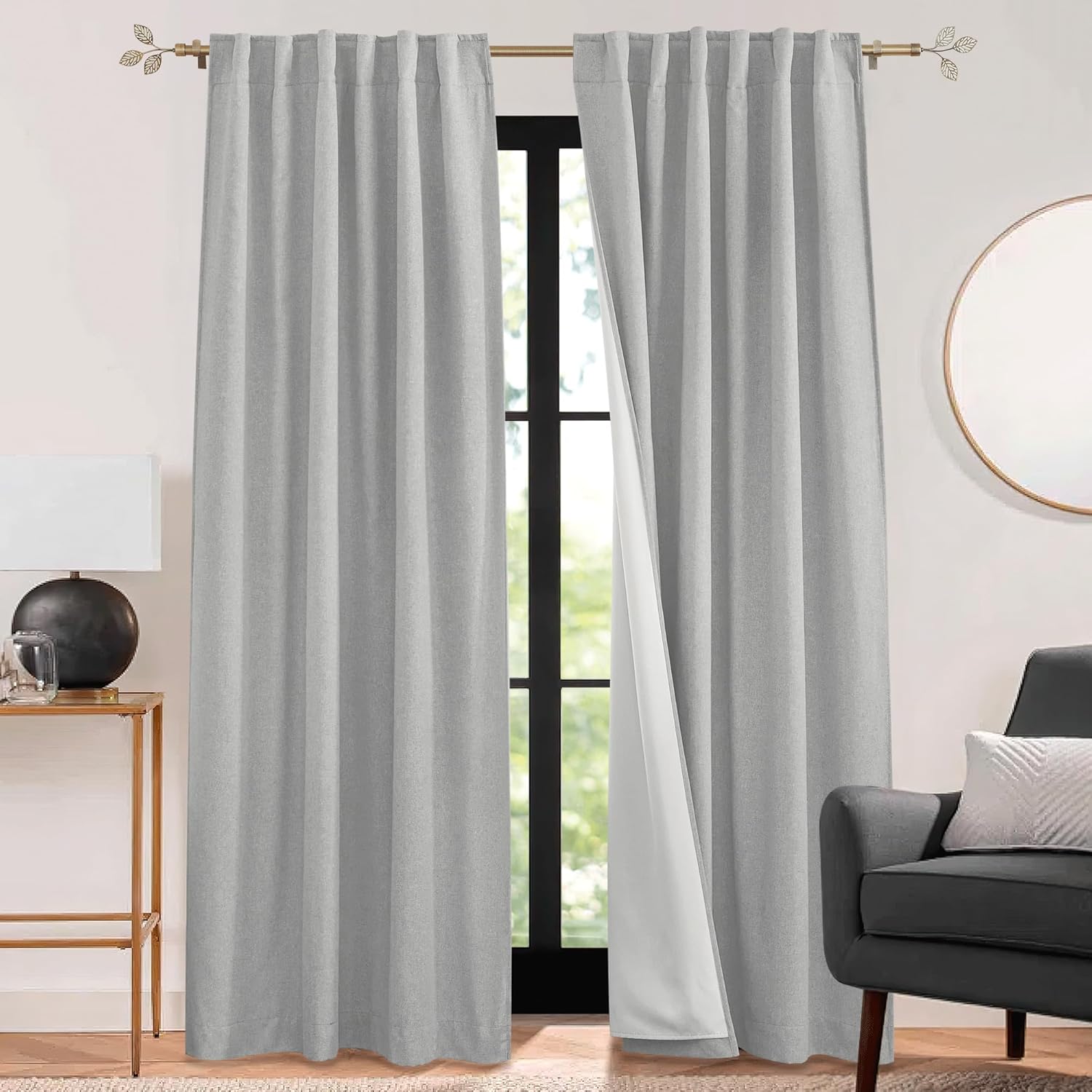 RYB HOME Soundproof Curtains Blackout - 3 Layers Light Block Noise Cancelling Thermal Insulated Curtains for Living Room Bedroom Room Divider, 52 inch Wide x 108 inch Long, Grey, 2 Panels