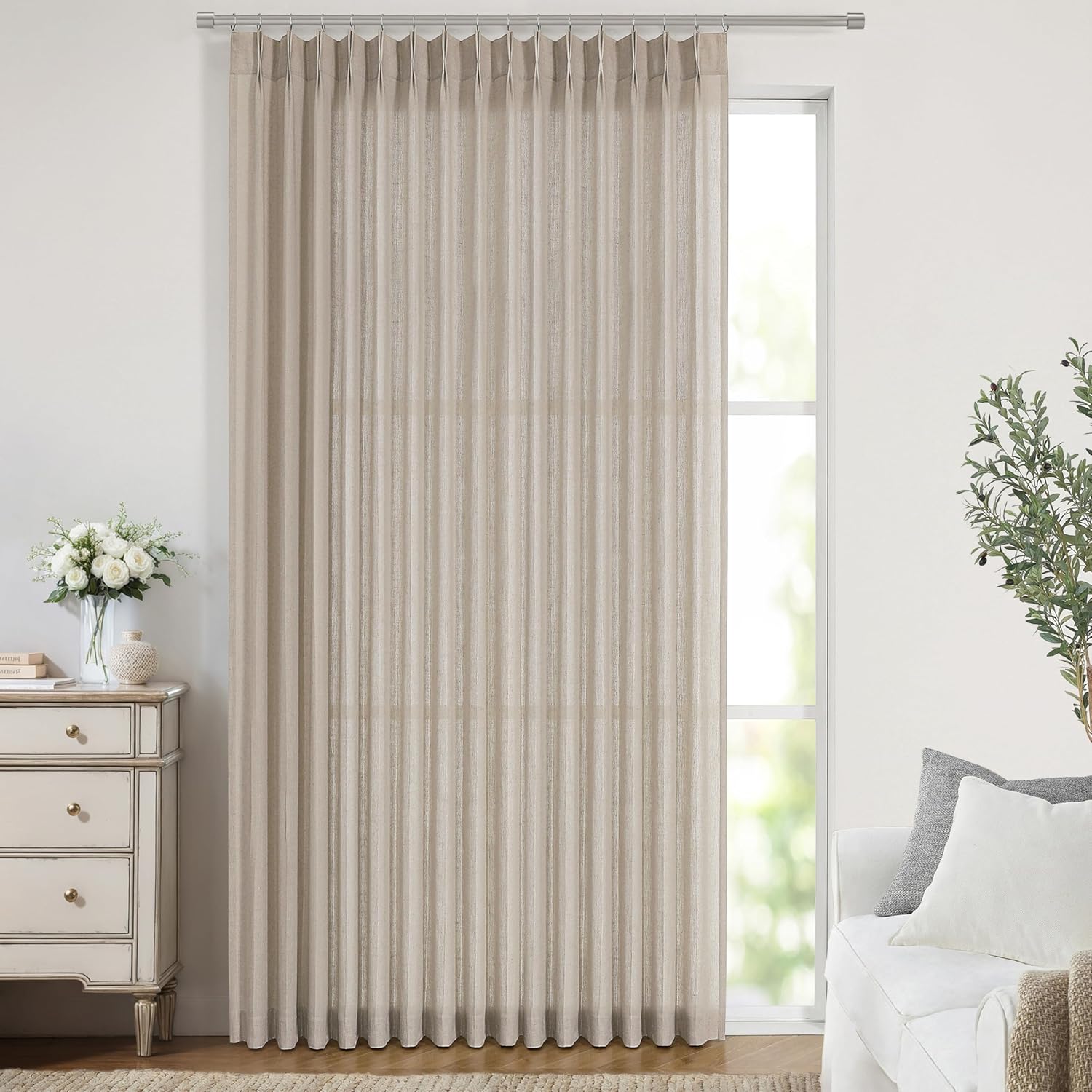 Vision Home Natural Pinch Pleated Semi Sheer Curtains Textured Linen Blended Light Filtering Window Curtains 90 inch for Living Room Bedroom Pinch Pleat Drapes with Hooks 2 Panels 42" Wx90 L