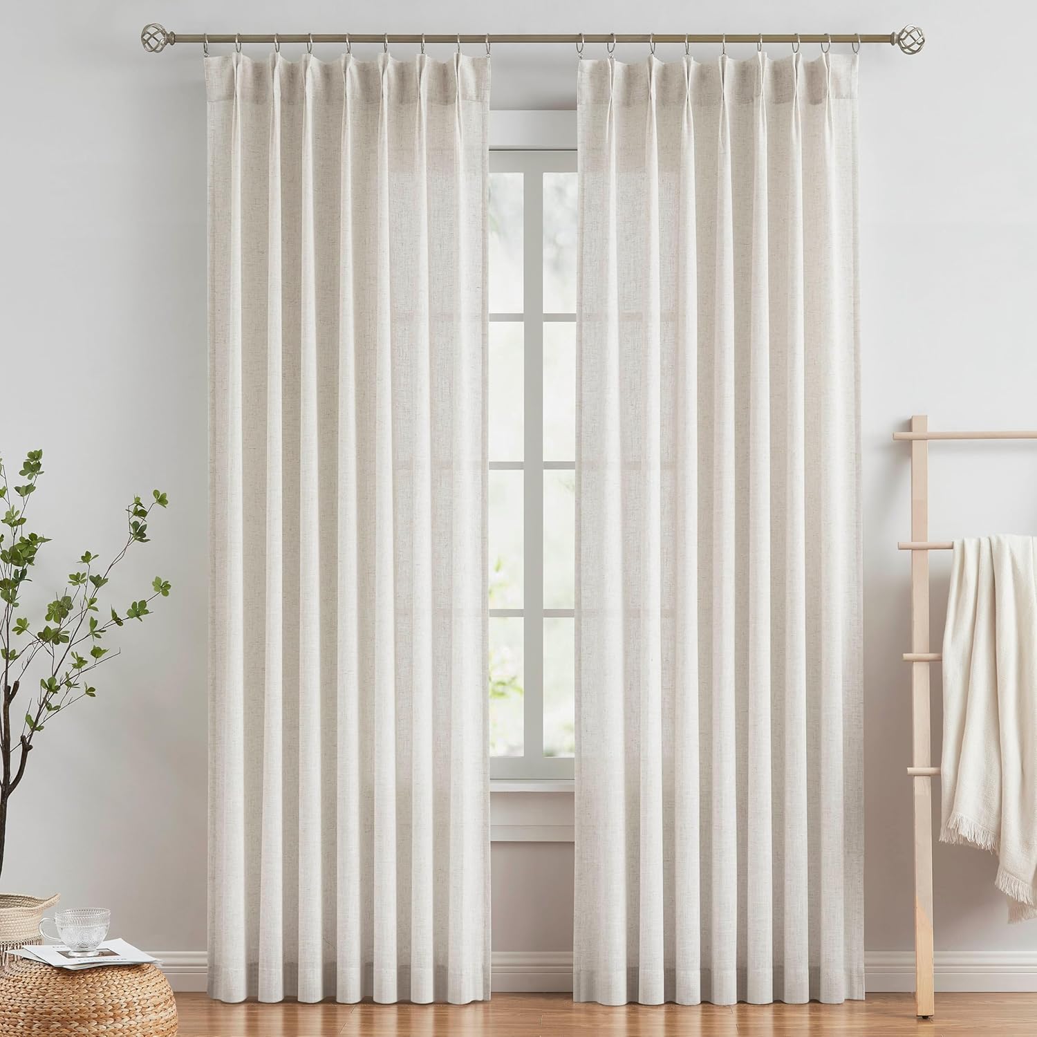 Vision Home Natural Pinch Pleated Semi Sheer Curtains Textured Linen Blended Light Filtering Window Curtains 90 inch for Living Room Bedroom Pinch Pleat Drapes with Hooks 2 Panels 42" Wx90 L