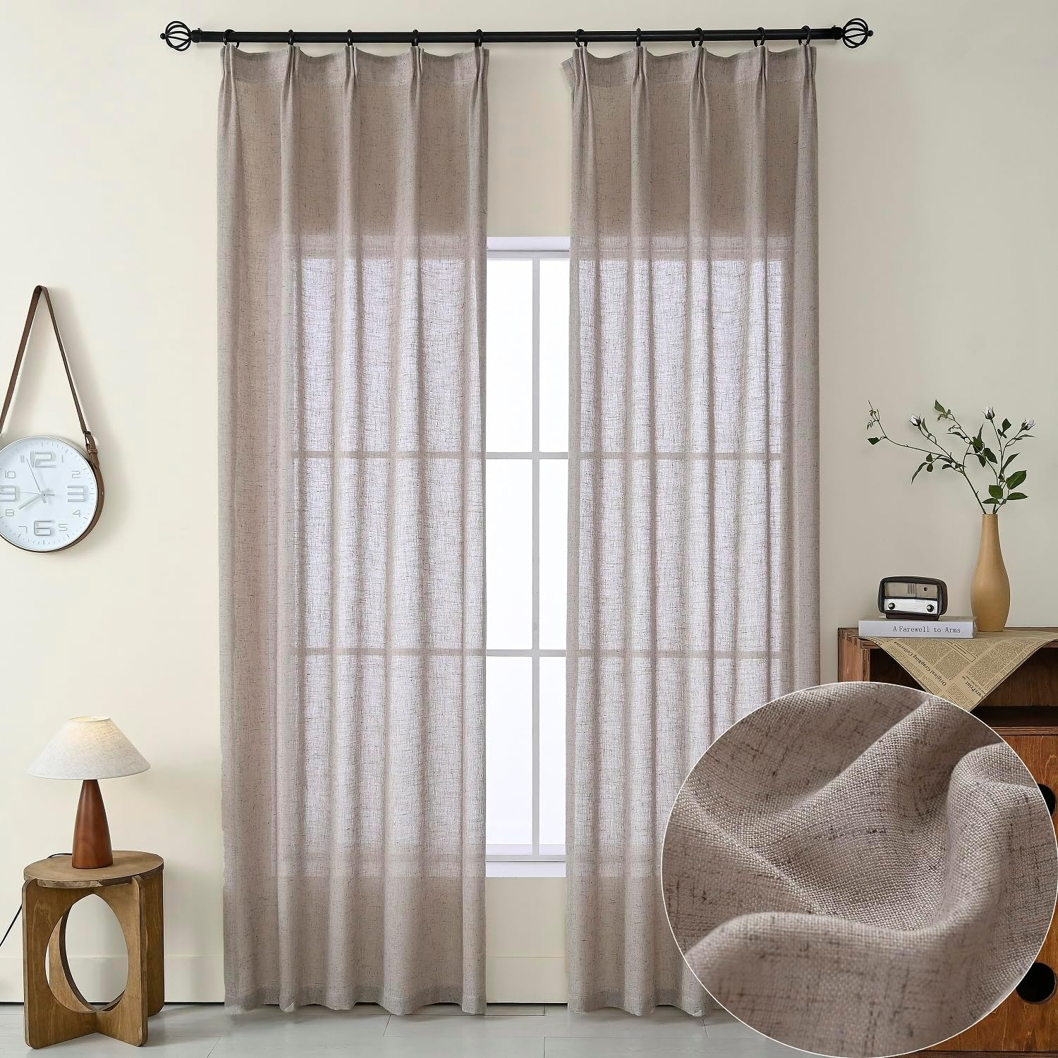 Ftinala Neutral Linen Semi Sheer Curtains 108 Inches Long, Cream Light Filtering Sliding Glass Door Curtains & Drapes, Modern Farmhouse Window Panel, Pinch Pleat Floor to Ceiling Curtain with Hook