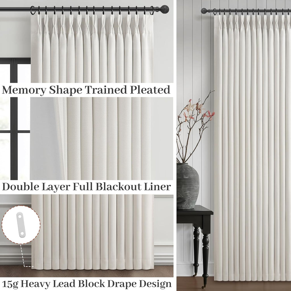 Beige White Blackout Floor to Ceiling Curtains 100 Inch Long for Sliding Door, Memory Trained Pinch Pleated Custom Double Layer Thick Linen Curtain Noise Reducing Light Blocking Bedroom Window Drapes