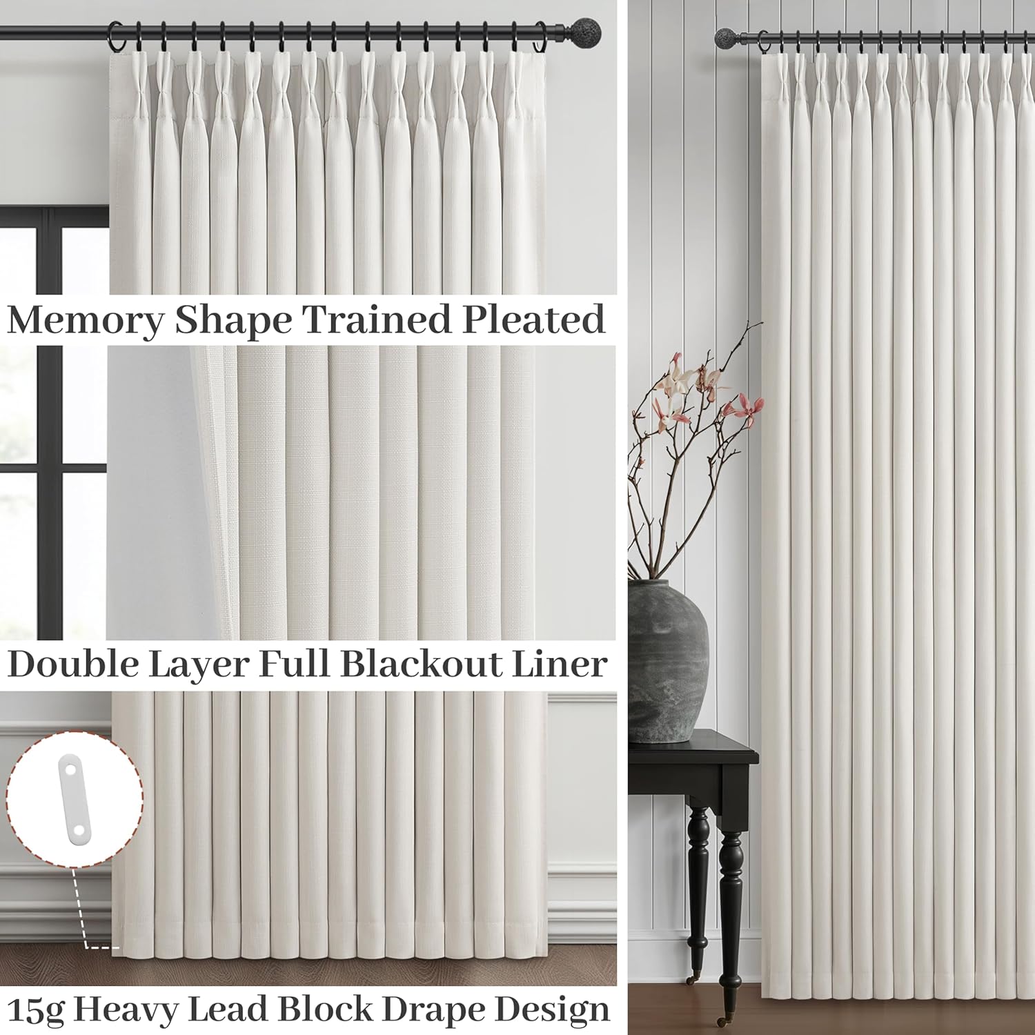 Beige White Blackout Floor to Ceiling Curtains 100 Inch Long for Sliding Door, Memory Trained Pinch Pleated Custom Double Layer Thick Linen Curtain Noise Reducing Light Blocking Bedroom Window Drapes