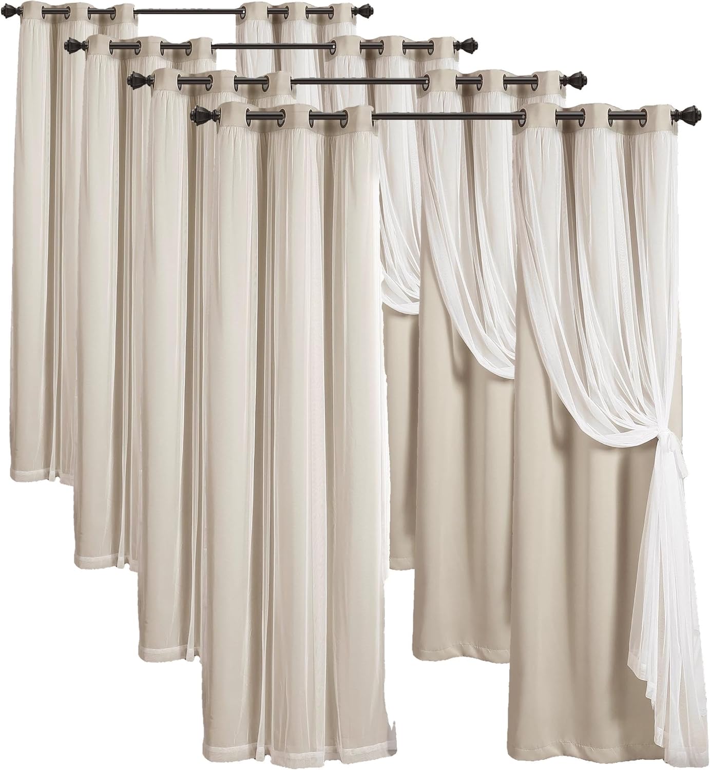 Lush Decor Sheer Grommet Curtains With Insulated Blackout Lining, Window Curtain Panels, Pair, 38"W x 120"L, Wheat - Curtain With Sheer Overlay, Elegant Blackout Curtains for Bedroom