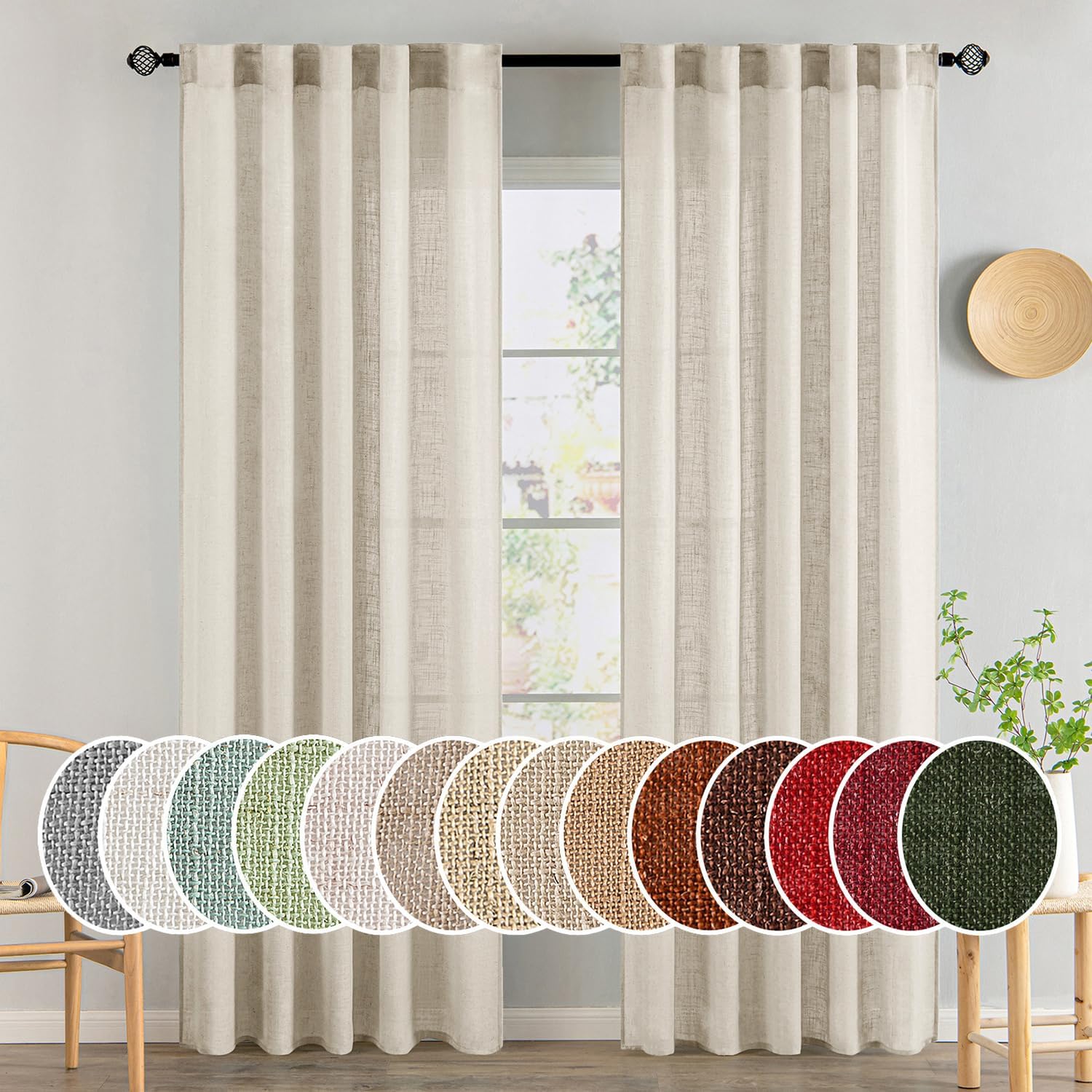 MIULEE Beige Linen Curtains 96 Inches Long 2 Panels for Bedroom Living Room, Soft Linen Textured Window Drapes Semi Sheer Light Filtering Back Tab Rod Pocket Farmhouse Modern Burlap Look Decor