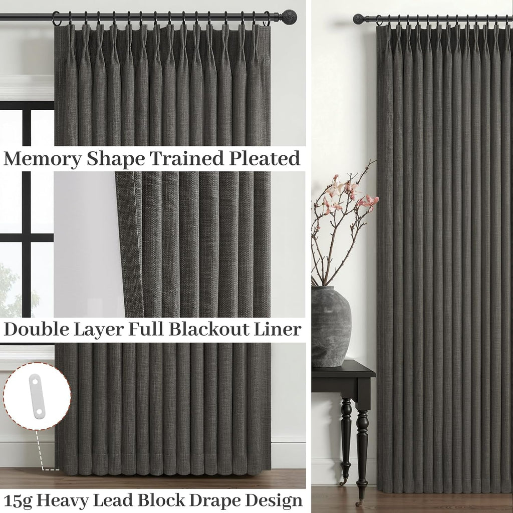 Memory Trained Pinch Pleated 96 Inch Viral Curtains for Living Room 2 Panels Set, Dark Grey Blackout Double Layer Linen Thermal Privacy Noise Reducing Elegant Windows Curtain for Kids Room 8 FT Length