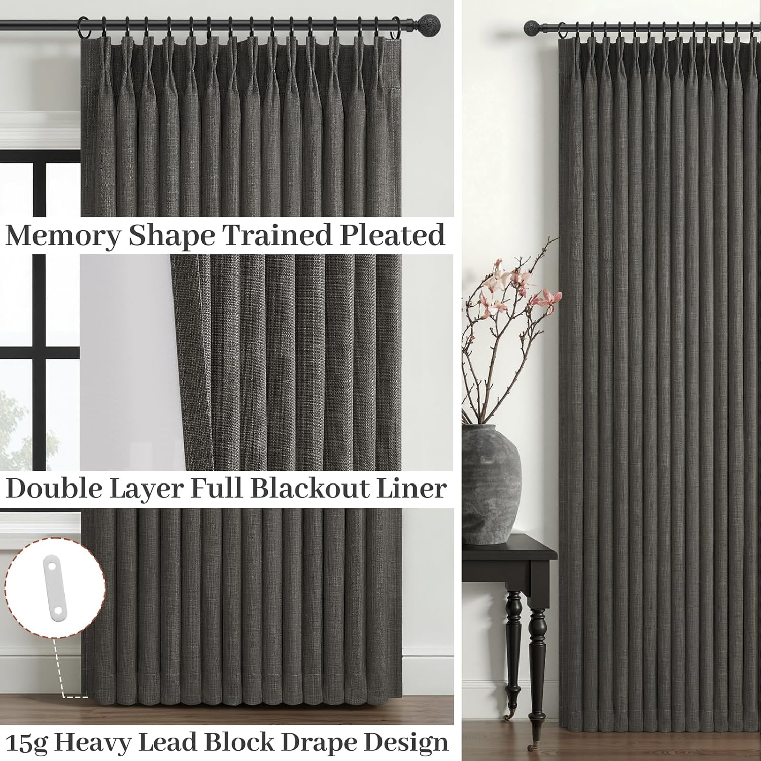 Memory Trained Pinch Pleated 96 Inch Viral Curtains for Living Room 2 Panels Set, Dark Grey Blackout Double Layer Linen Thermal Privacy Noise Reducing Elegant Windows Curtain for Kids Room 8 FT Length