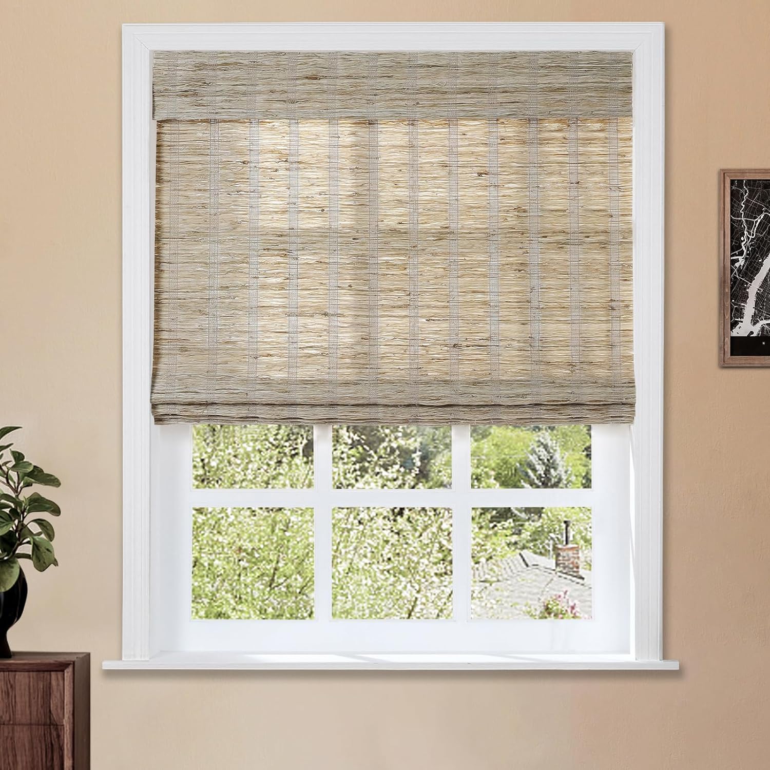 TWOPAGES Natural Cordless Ramie Roman Shade No Drill Customized Roman Blind Light Filtering Blackout Roman Window Shade for Windows, Beige, 1 Piece