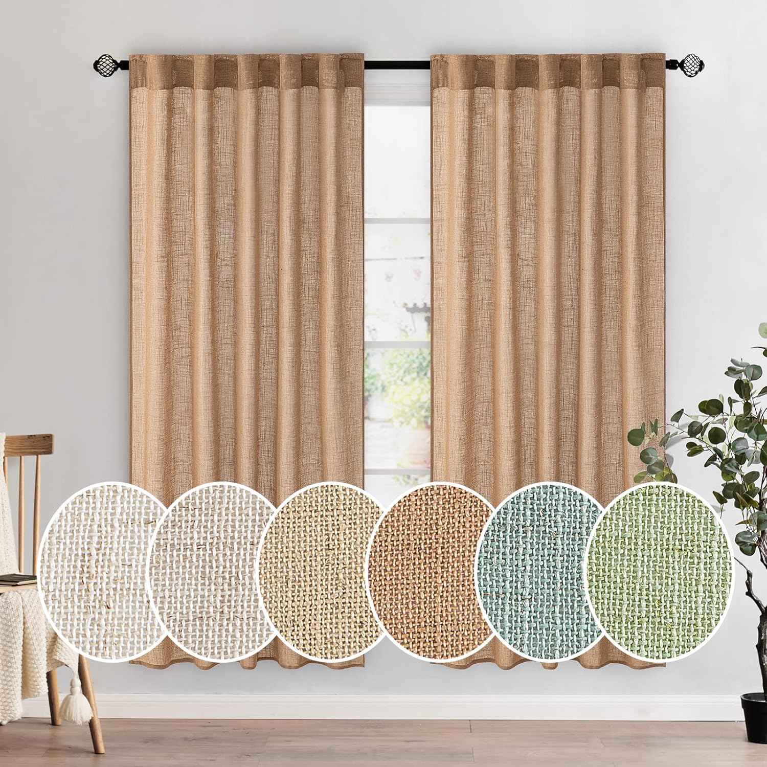 MIULEE Beige Linen Curtains 96 Inches Long 2 Panels for Bedroom Living Room, Soft Linen Textured Window Drapes Semi Sheer Light Filtering Back Tab Rod Pocket Farmhouse Modern Burlap Look Decor