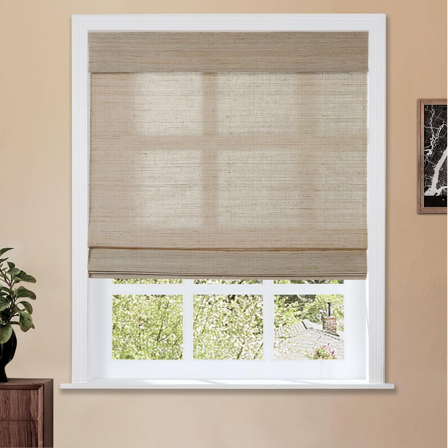TWOPAGES Natural Cordless Ramie Roman Shade No Drill Customized Roman Blind Light Filtering Blackout Roman Window Shade for Windows, Beige, 1 Piece