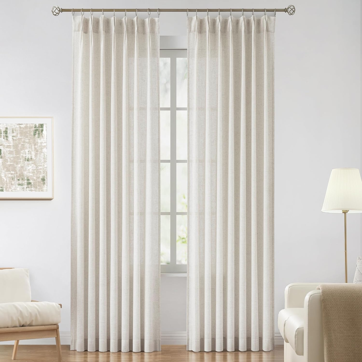 Vision Home Natural Pinch Pleated Semi Sheer Curtains Textured Linen Blended Light Filtering Window Curtains 90 inch for Living Room Bedroom Pinch Pleat Drapes with Hooks 2 Panels 42" Wx90 L