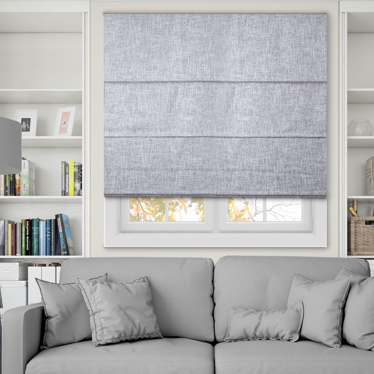 CHICOLOGY - RMBF3564 Cordless Roman Shades Cross-Hatched Modern Fabric Cascade Window Blind Treatment, 35"W X 64"H, Belgian Flax (Privacy & Light Filtering)