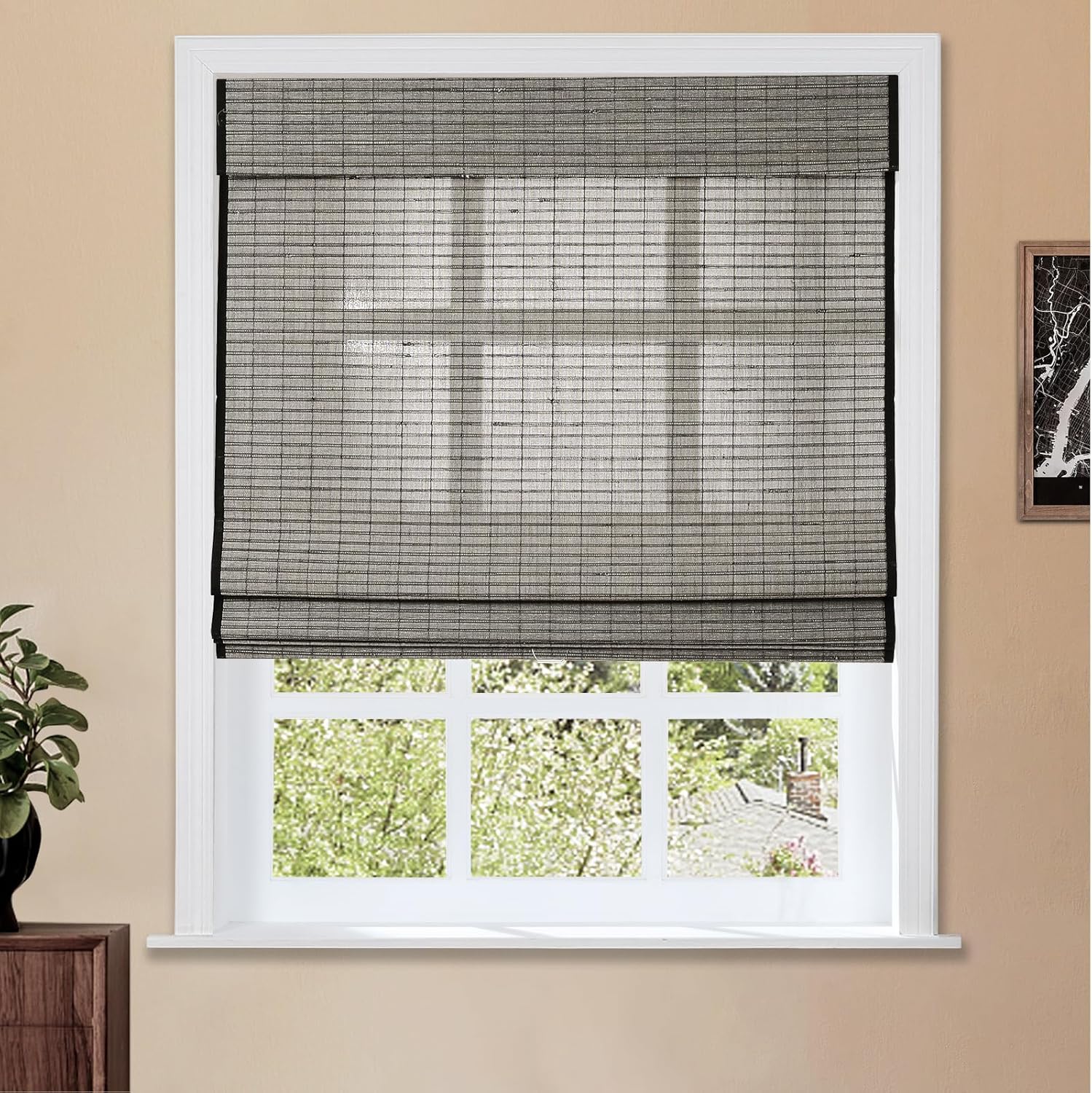 TWOPAGES Natural Cordless Ramie Roman Shade No Drill Customized Roman Blind Light Filtering Blackout Roman Window Shade for Windows, Beige, 1 Piece