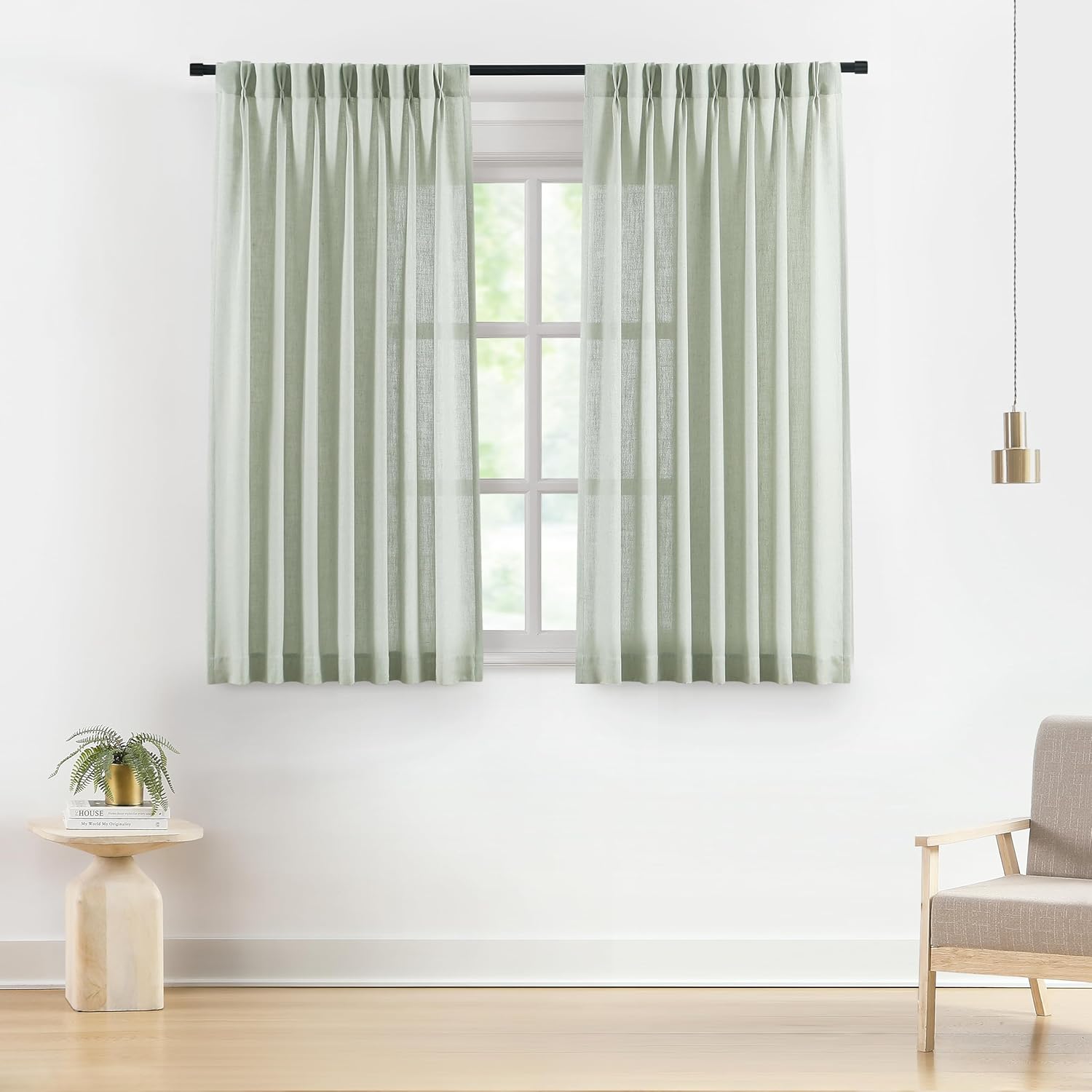 Vision Home Natural Pinch Pleated Semi Sheer Curtains Textured Linen Blended Light Filtering Window Curtains 90 inch for Living Room Bedroom Pinch Pleat Drapes with Hooks 2 Panels 42" Wx90 L