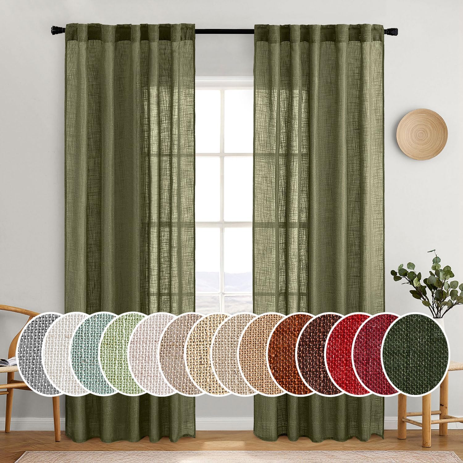 MIULEE Beige Linen Curtains 96 Inches Long 2 Panels for Bedroom Living Room, Soft Linen Textured Window Drapes Semi Sheer Light Filtering Back Tab Rod Pocket Farmhouse Modern Burlap Look Decor