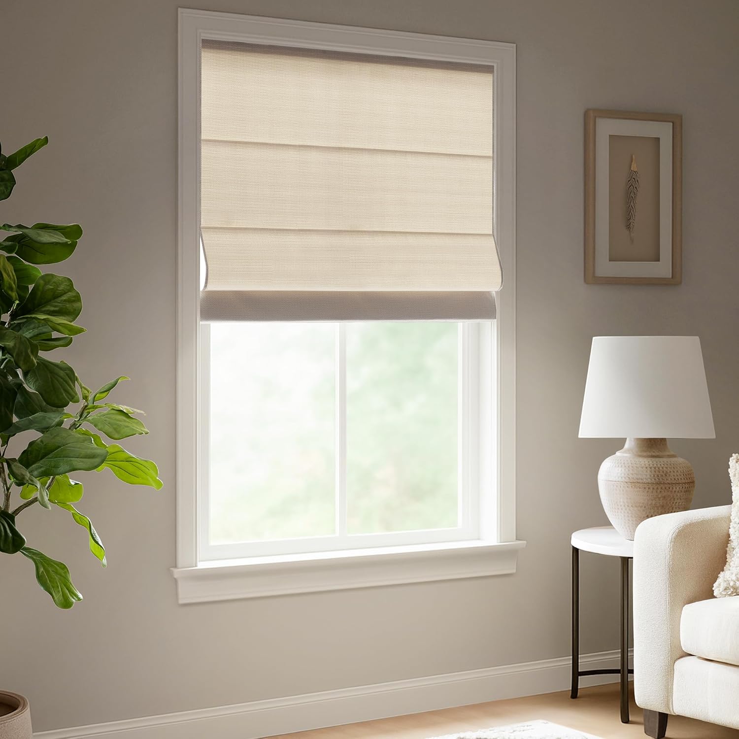 Madison Park Galen Cordless Roman Shade, 31"W x 64"H, Sheen Ivory – Room Darkening, Thermal Insulated, Energy Efficient Window Blind with Subtle Sheen Basketweave Fabric for Privacy