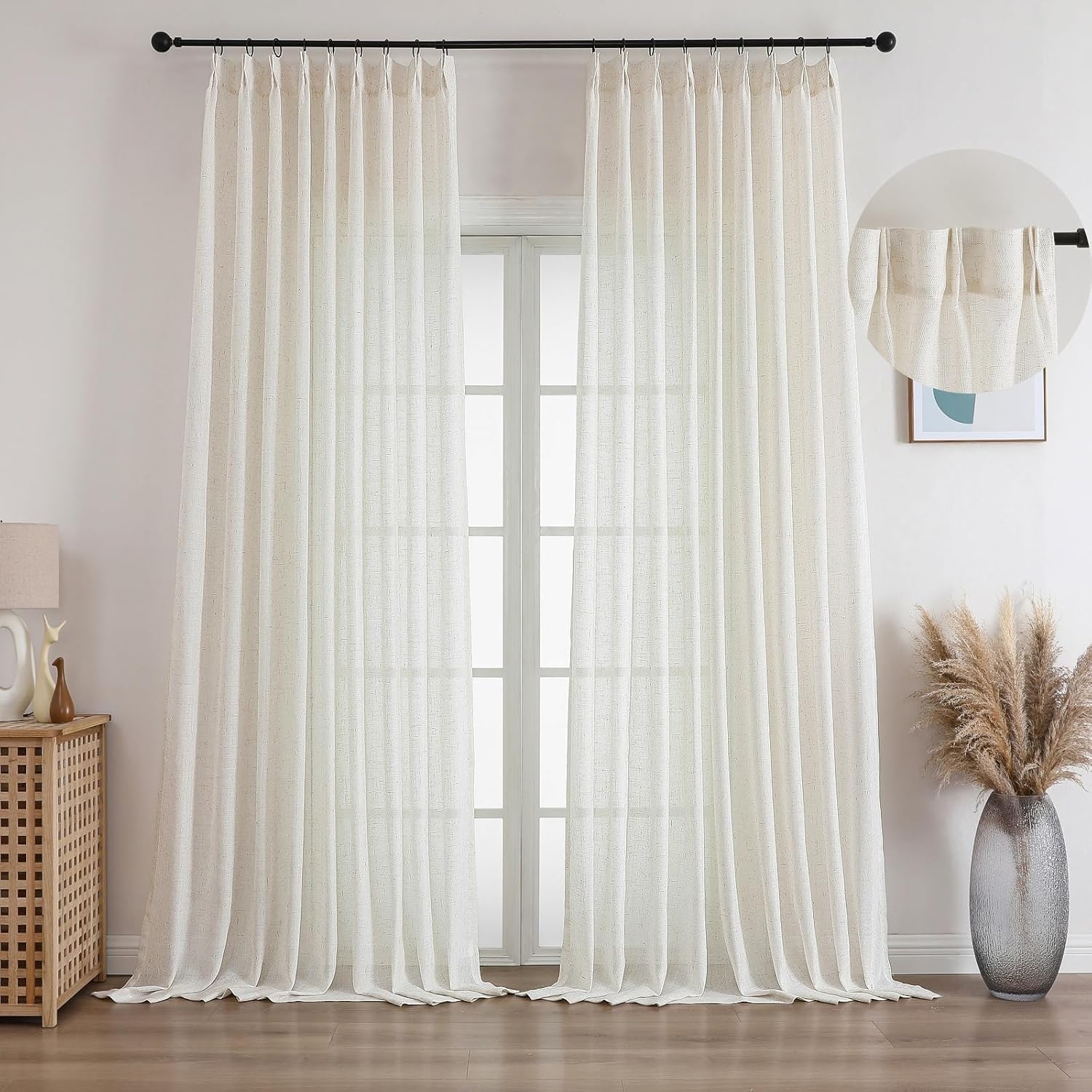 Ftinala Neutral Linen Semi Sheer Curtains 108 Inches Long, Cream Light Filtering Sliding Glass Door Curtains & Drapes, Modern Farmhouse Window Panel, Pinch Pleat Floor to Ceiling Curtain with Hook