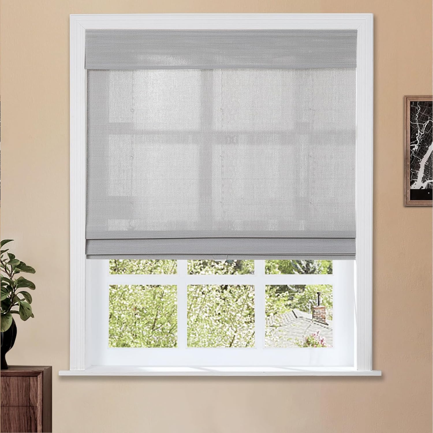 TWOPAGES Natural Cordless Ramie Roman Shade No Drill Customized Roman Blind Light Filtering Blackout Roman Window Shade for Windows, Beige, 1 Piece